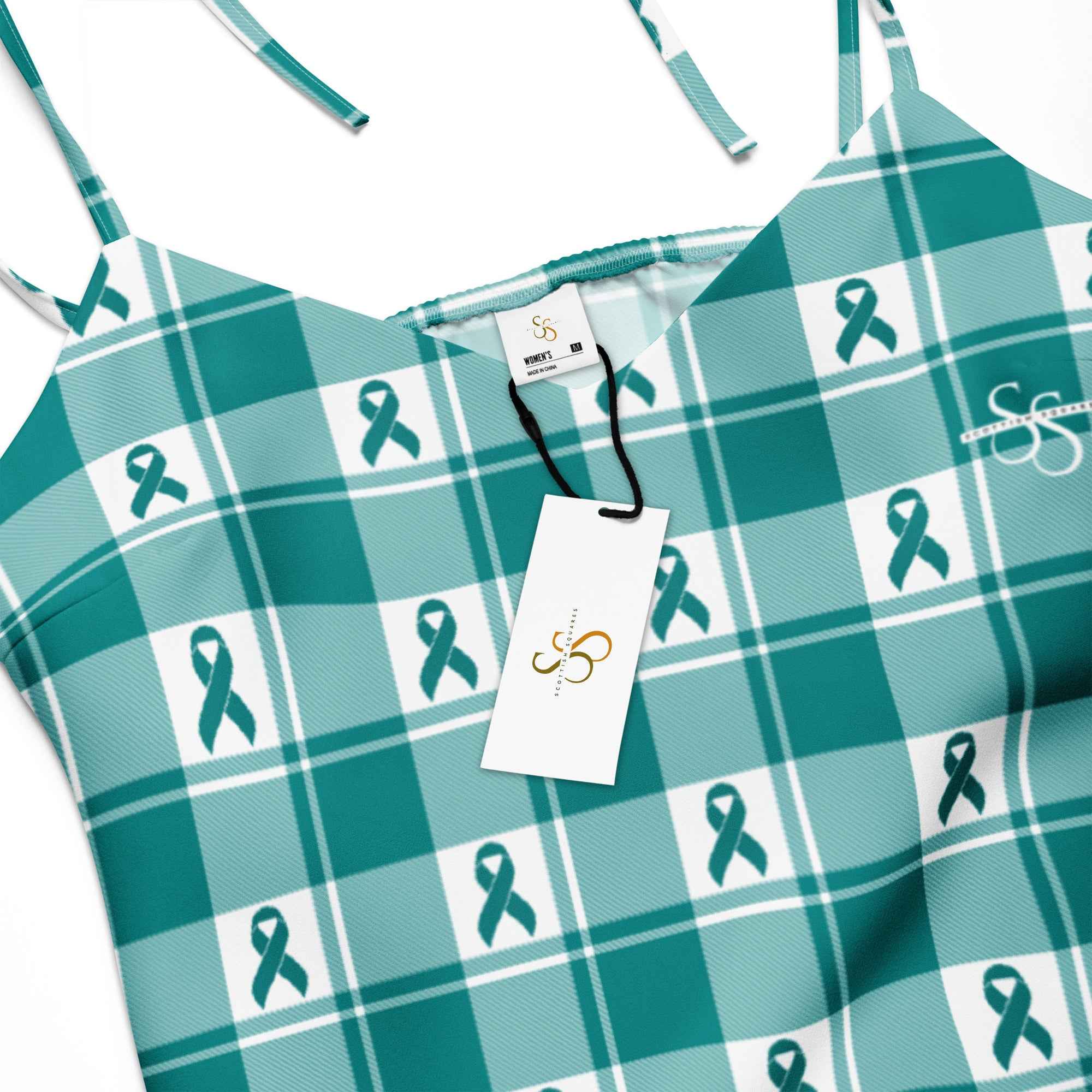 Tie-Strap Midi Dress Cervical Cancer Awareness Plaid, Teal Ribbon, Supportive Gift - Scottish Squares