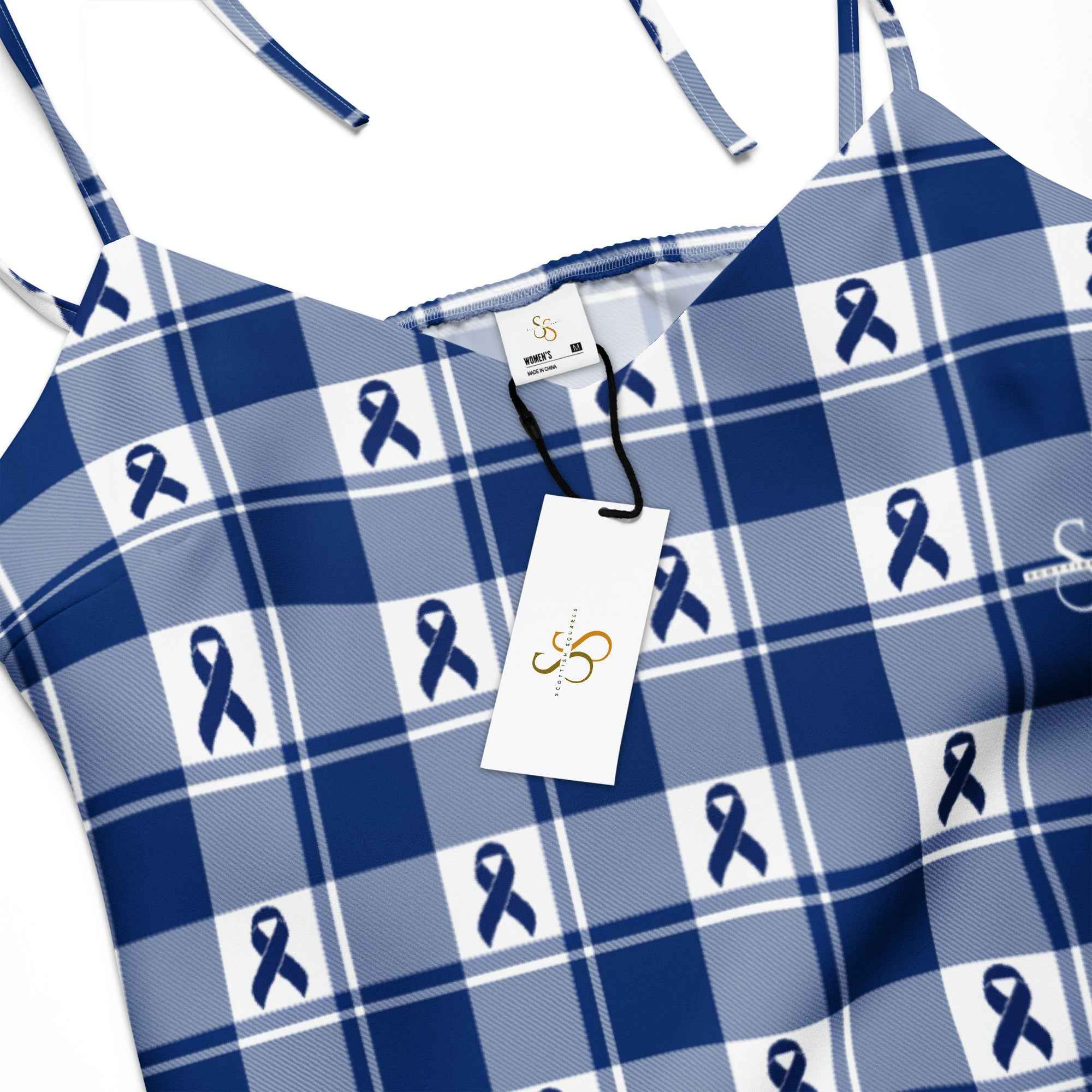 Tie-Strap Midi Dress Colorectal Cancer Awareness Plaid, Dark Blue Ribbon, Supportive Gift - Scottish Squares