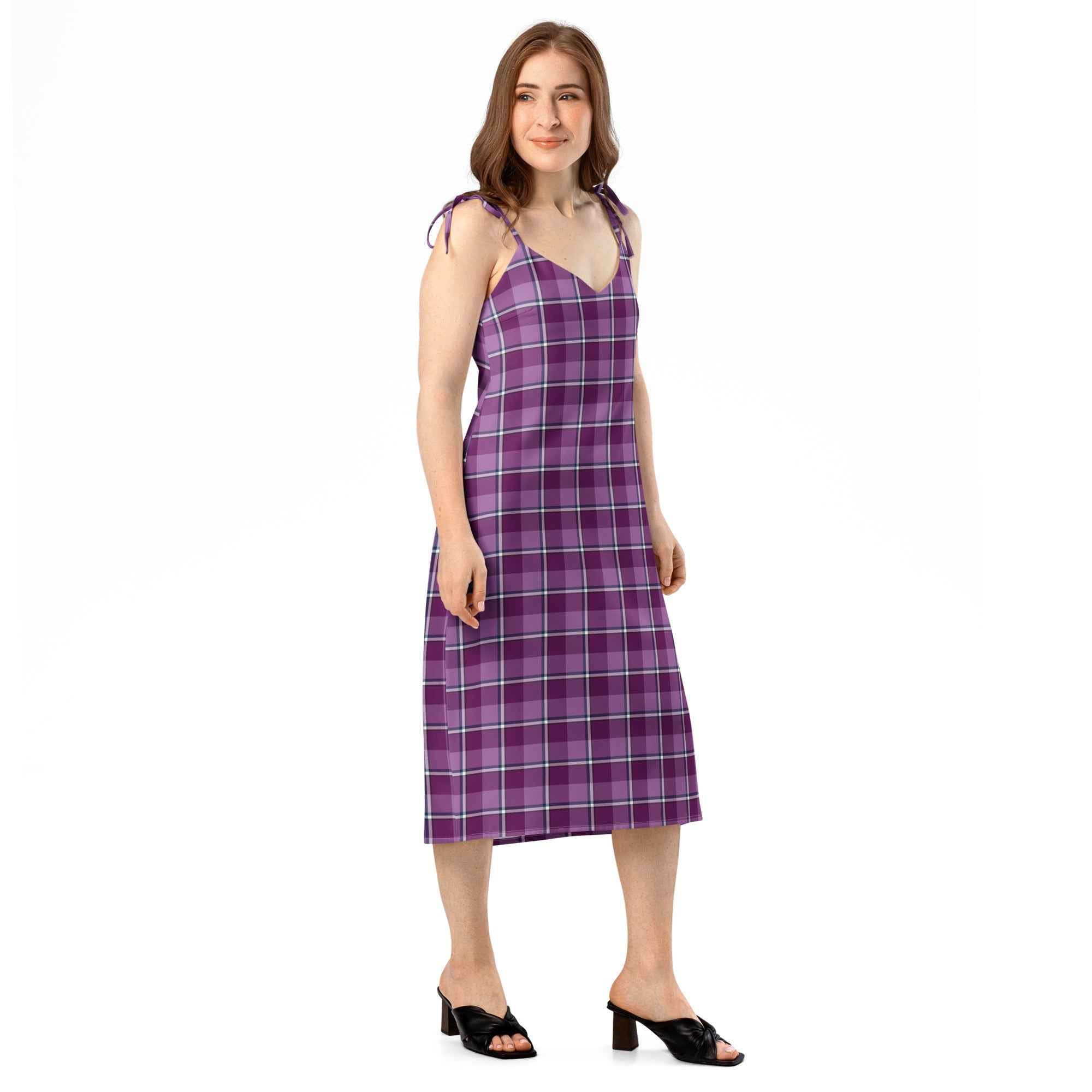 Tie-Strap Midi Dress Purple and Trendy Pink Plaid