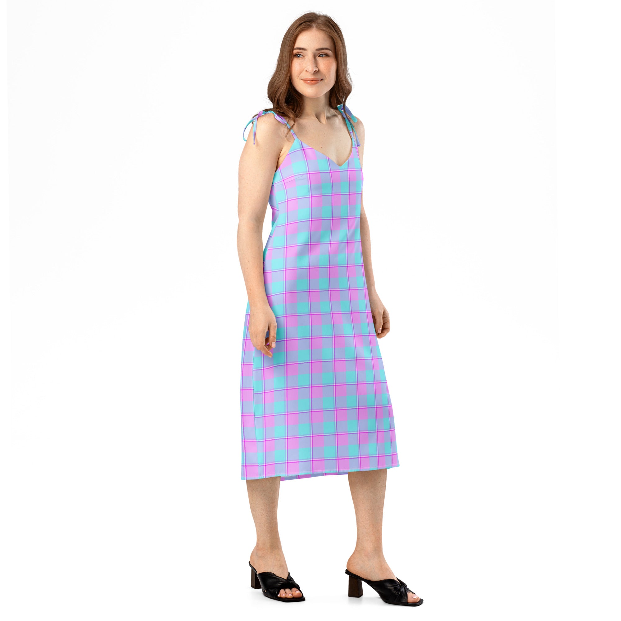 Tie-Strap Midi Dress Mauve and Coastal Mist Plaid - Scottish Squares