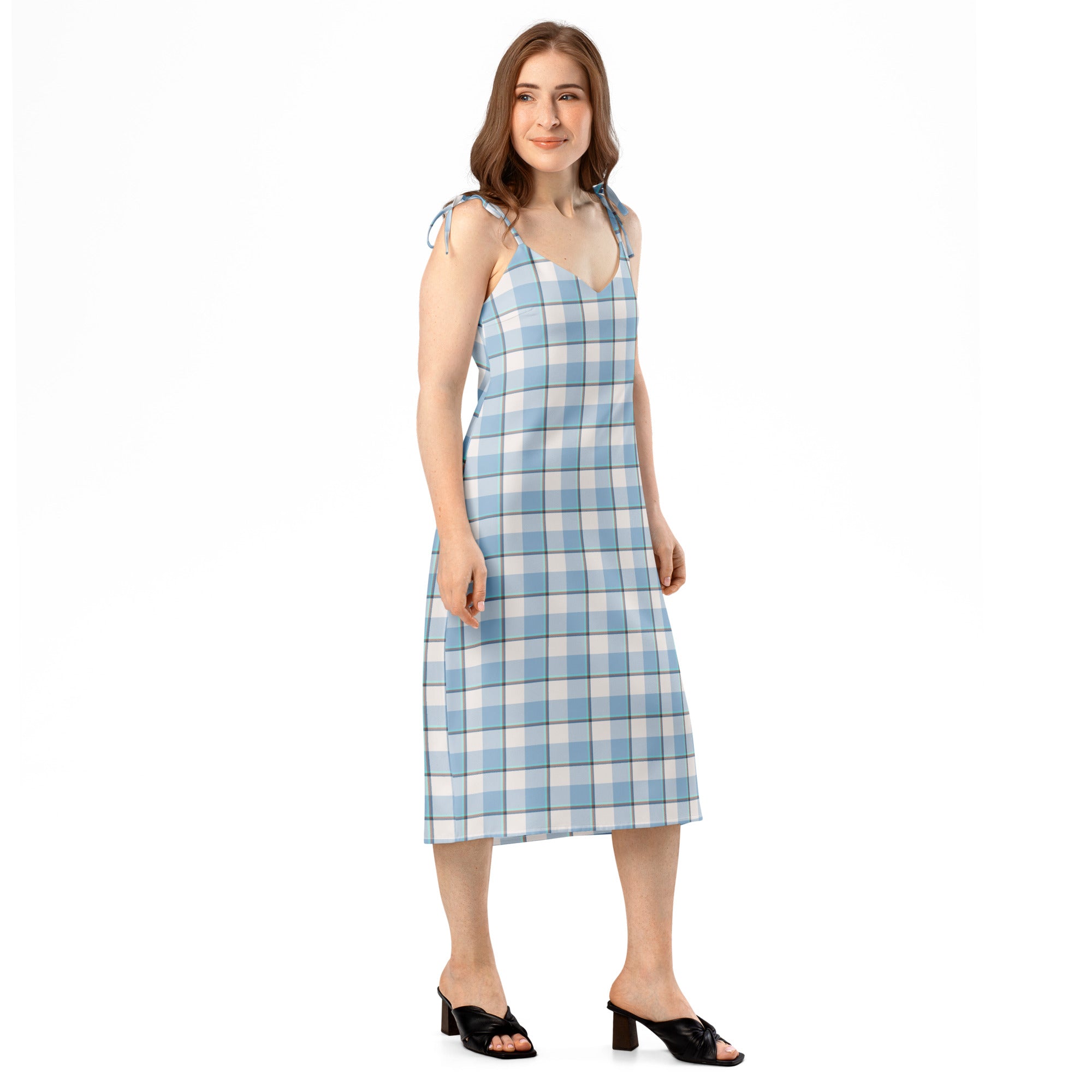 Tie-Strap Midi Dress Pink Cloud and Blue Lagoon Plaid - Scottish Squares