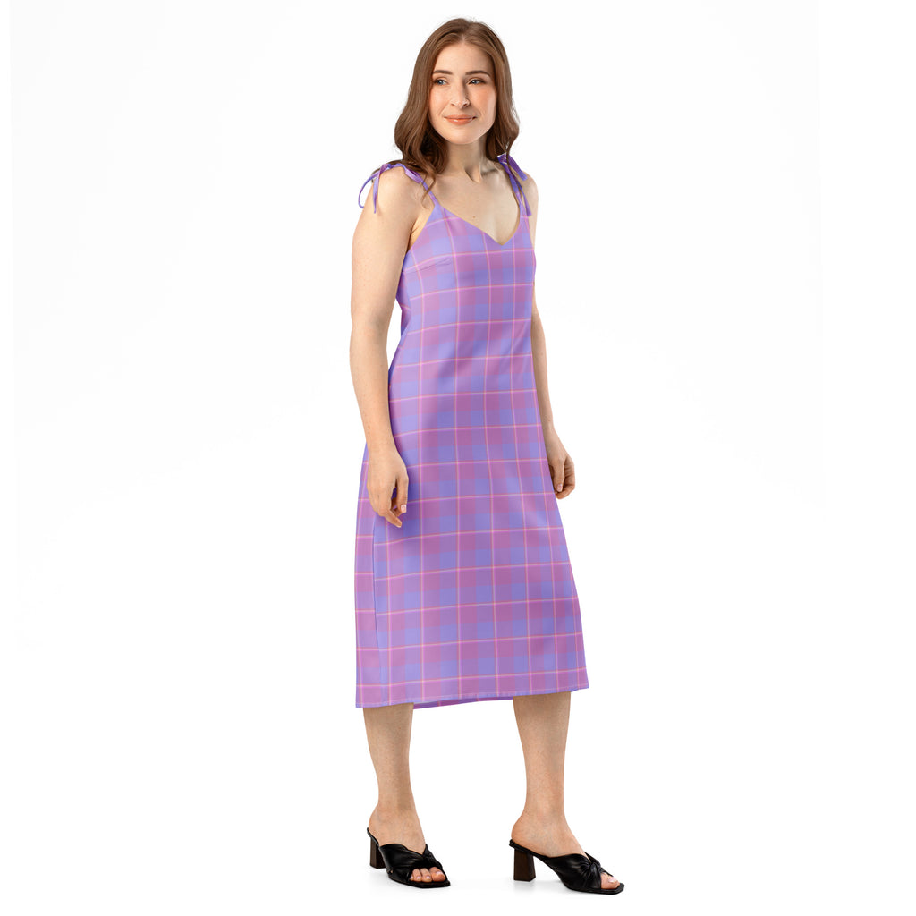 Tie-Strap Midi Dress Viola and Dull Lavender Plaid - Scottish Squares