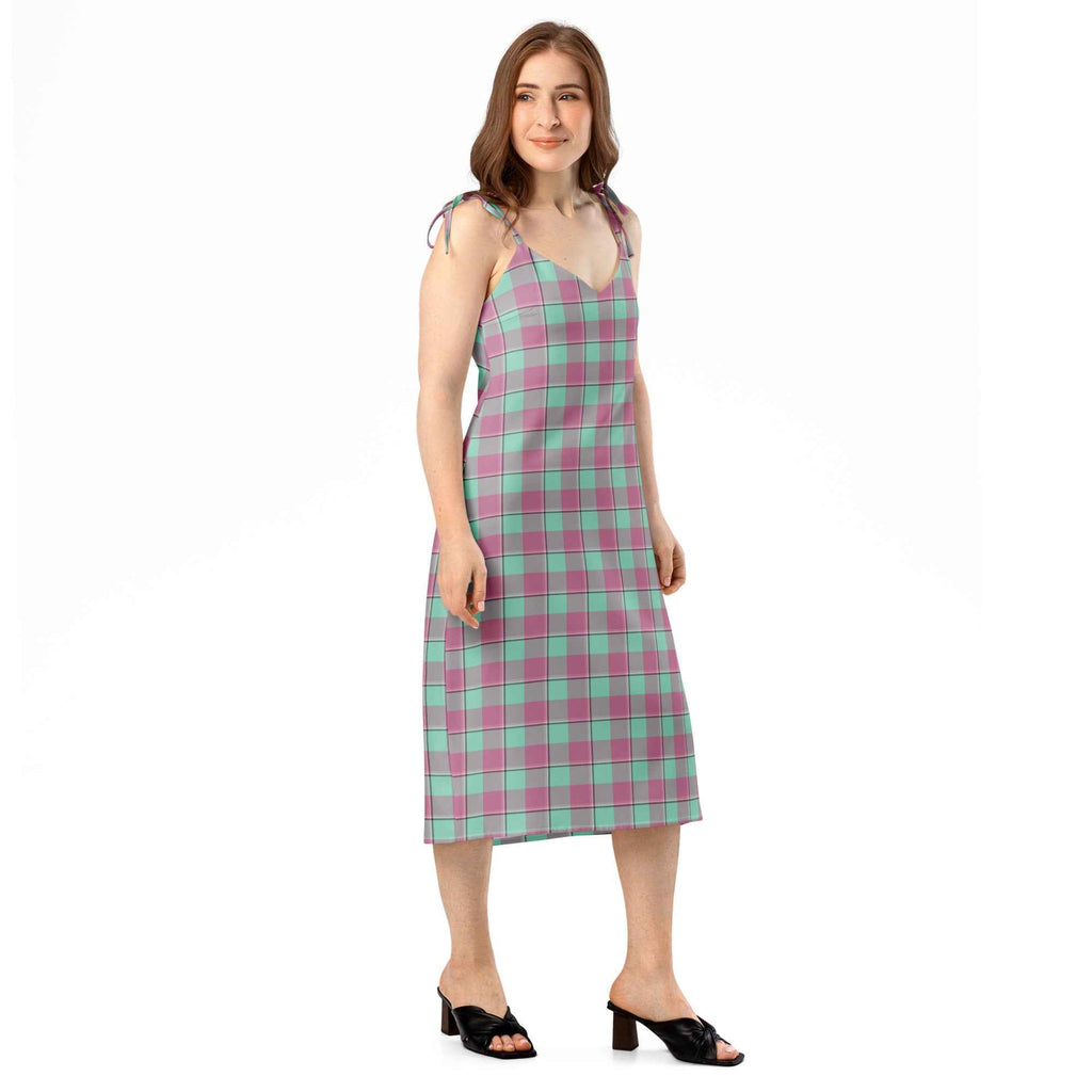 Tie-Strap Midi Dress Vista Blue and Turkish Rose Plaid - Scottish Squares