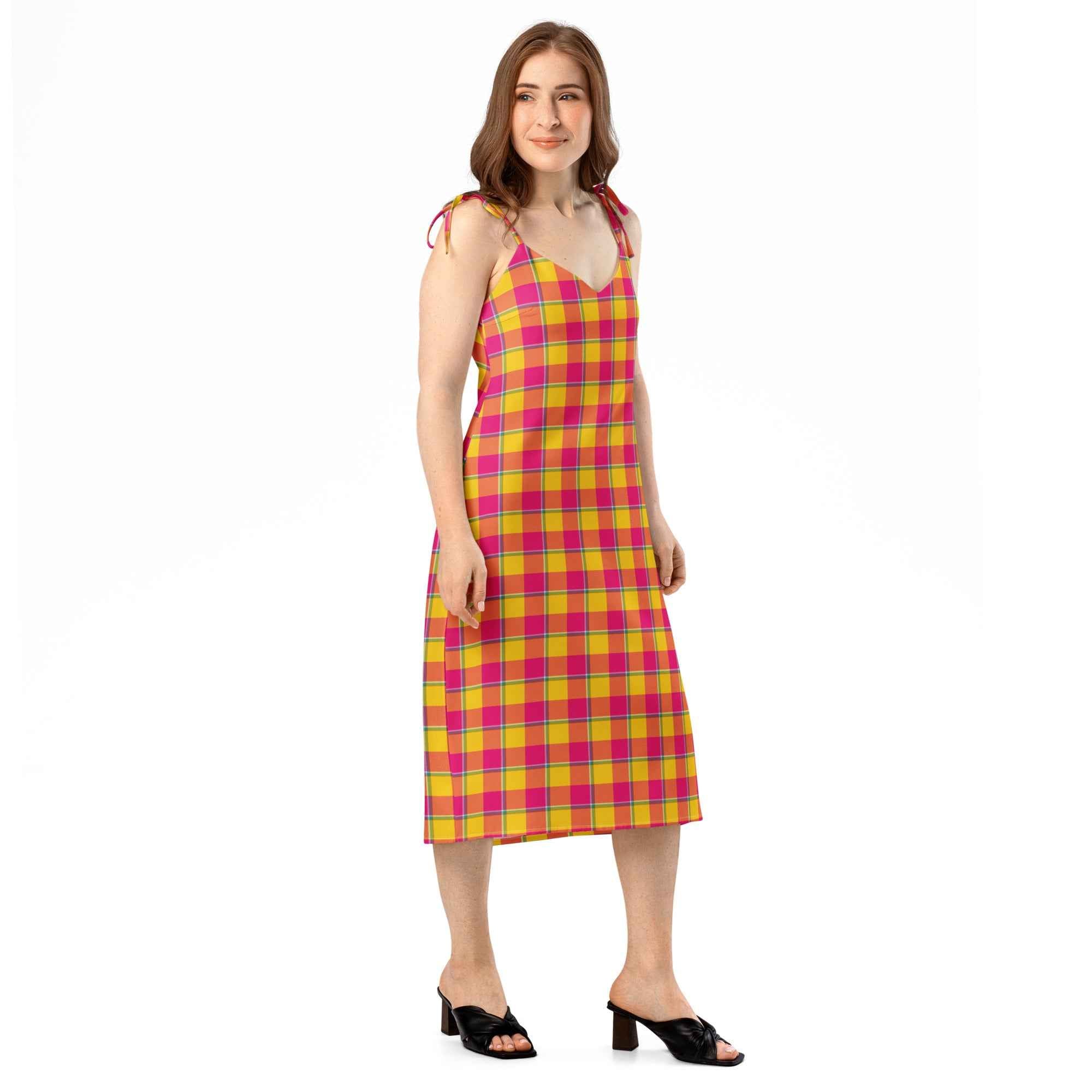 Tie-Strap Midi Dress Corn and Razzmatazz Plaid - Scottish Squares