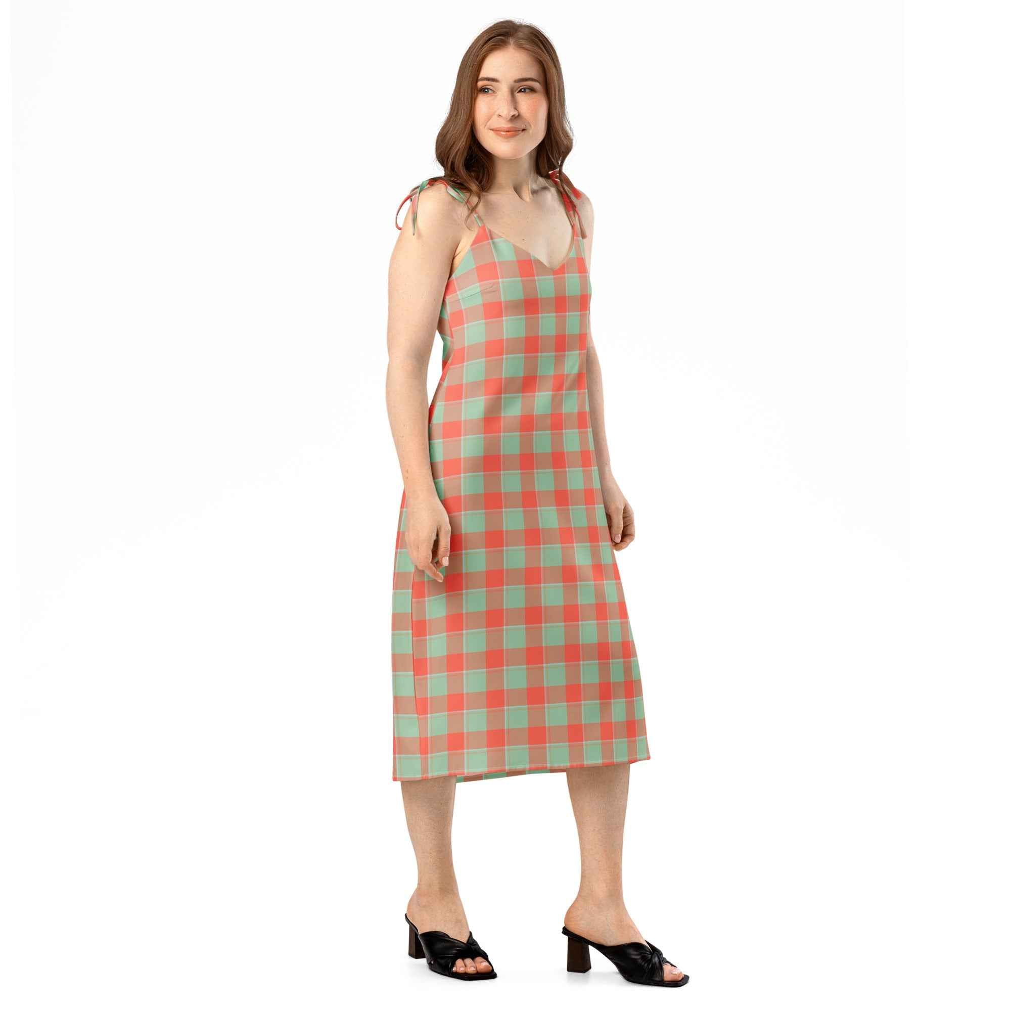 Tie-Strap Midi Dress Spring Rain and Persimmon Plaid - Scottish Squares