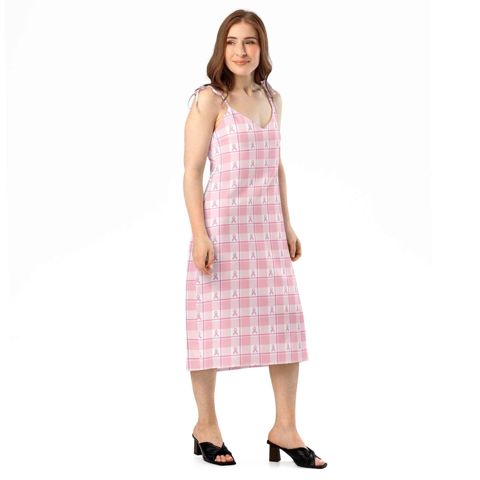 Tie-Strap Midi Dress Breast Cancer Awareness Plaid - Scottish Squares