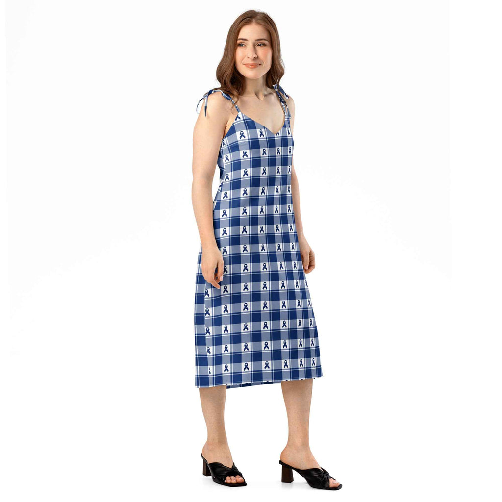 Tie-Strap Midi Dress Colorectal Cancer Awareness Plaid, Dark Blue Ribbon, Supportive Gift - Scottish Squares