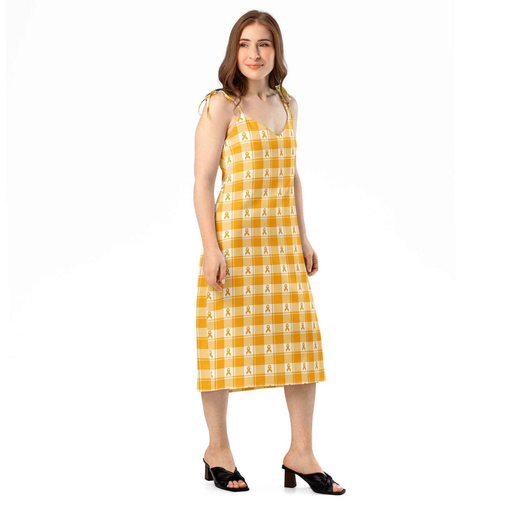 Tie-Strap Midi Dress Kidney Cancer Awareness Plaid, Orange Ribbon, Supportive Gift - Scottish Squares