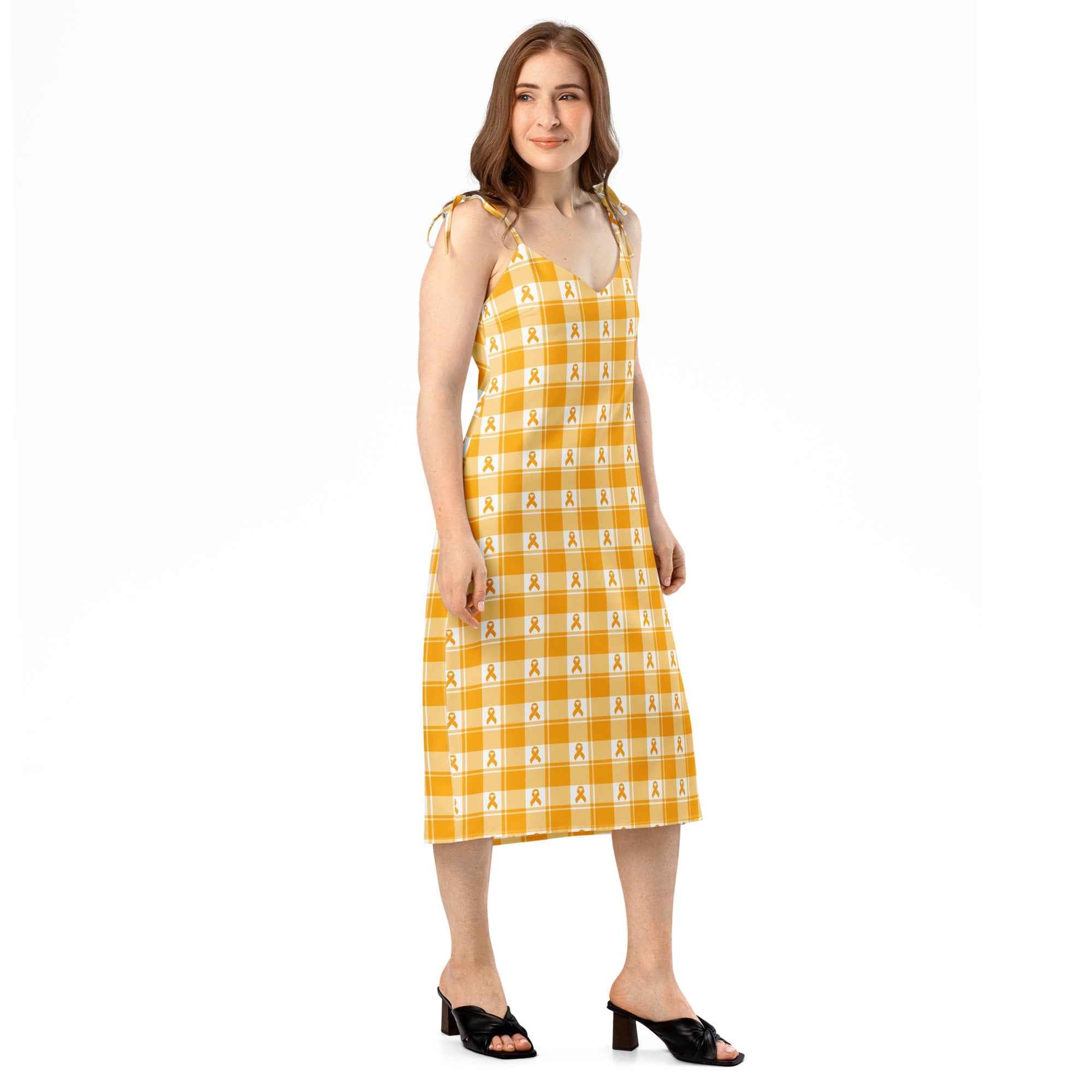 Tie-Strap Midi Dress Kidney Cancer Awareness Plaid, Orange Ribbon, Supportive Gift - Scottish Squares