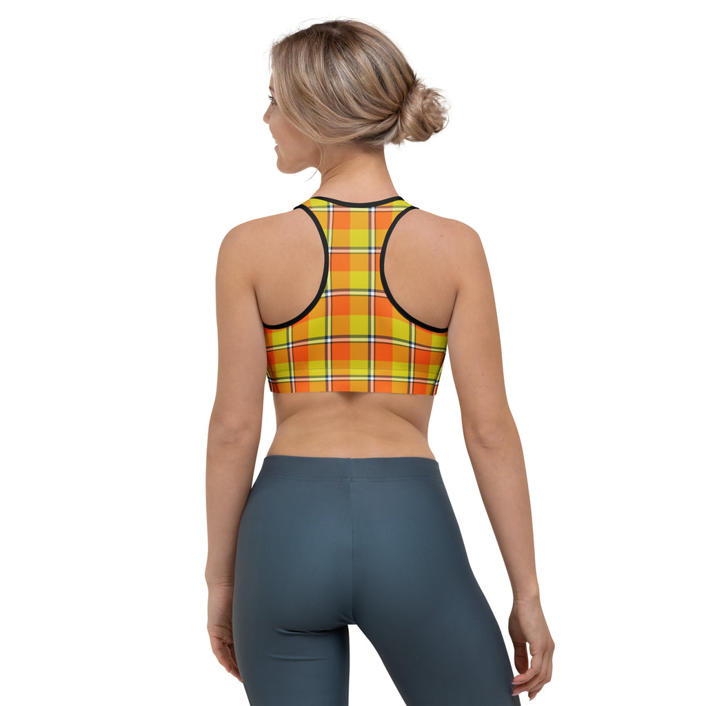 Sports Bra Blaze Orange and Bird Flower Plaid - Scottish Squares
