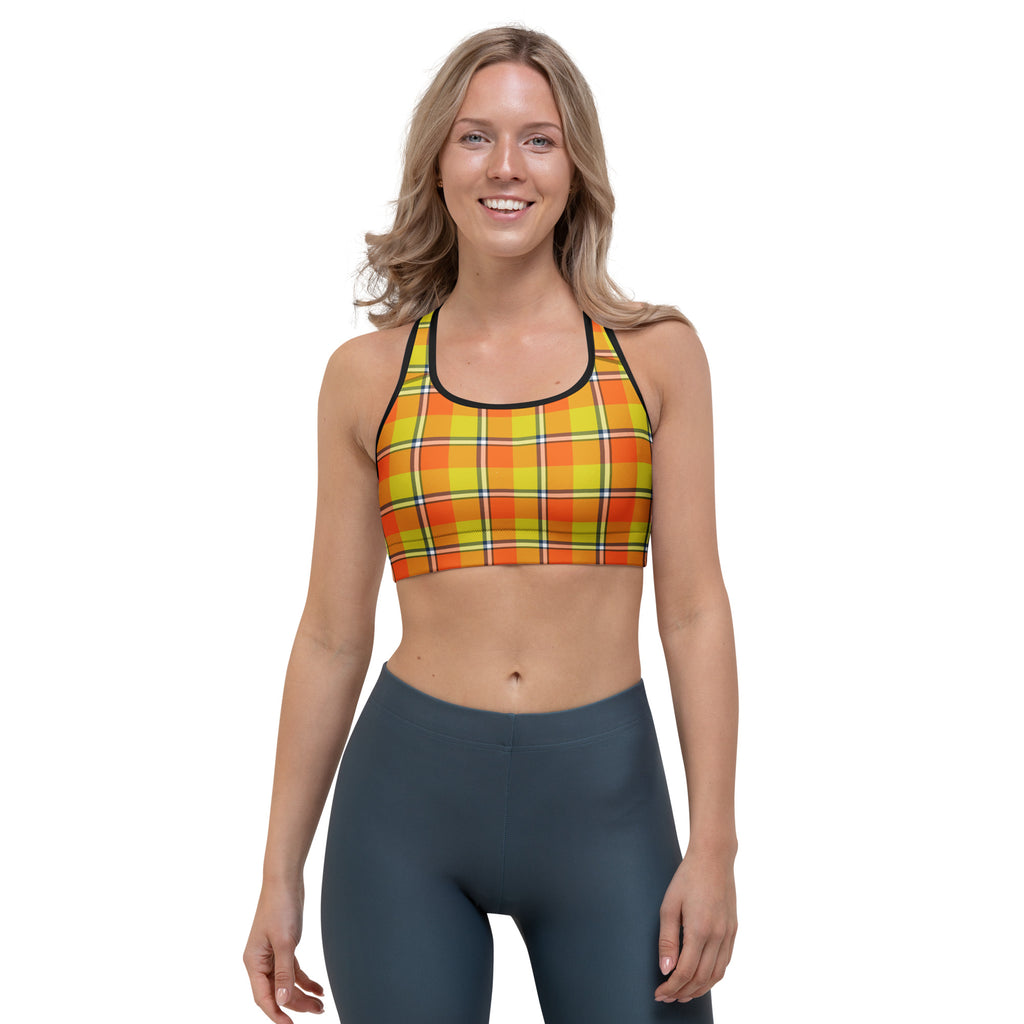 Sports Bra Blaze Orange and Bird Flower Plaid Black - Scottish Squares