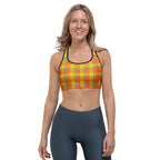 Sports Bra Blaze Orange and Bird Flower Plaid Black - Scottish Squares