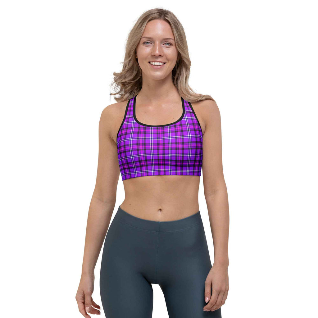 Sports Bra Electric Violet and Fuchsia Plaid Black - Scottish Squares