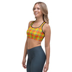 Sports Bra Blaze Orange and Bird Flower Plaid - Scottish Squares