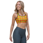 Sports Bra Blaze Orange and Bird Flower Plaid - Scottish Squares