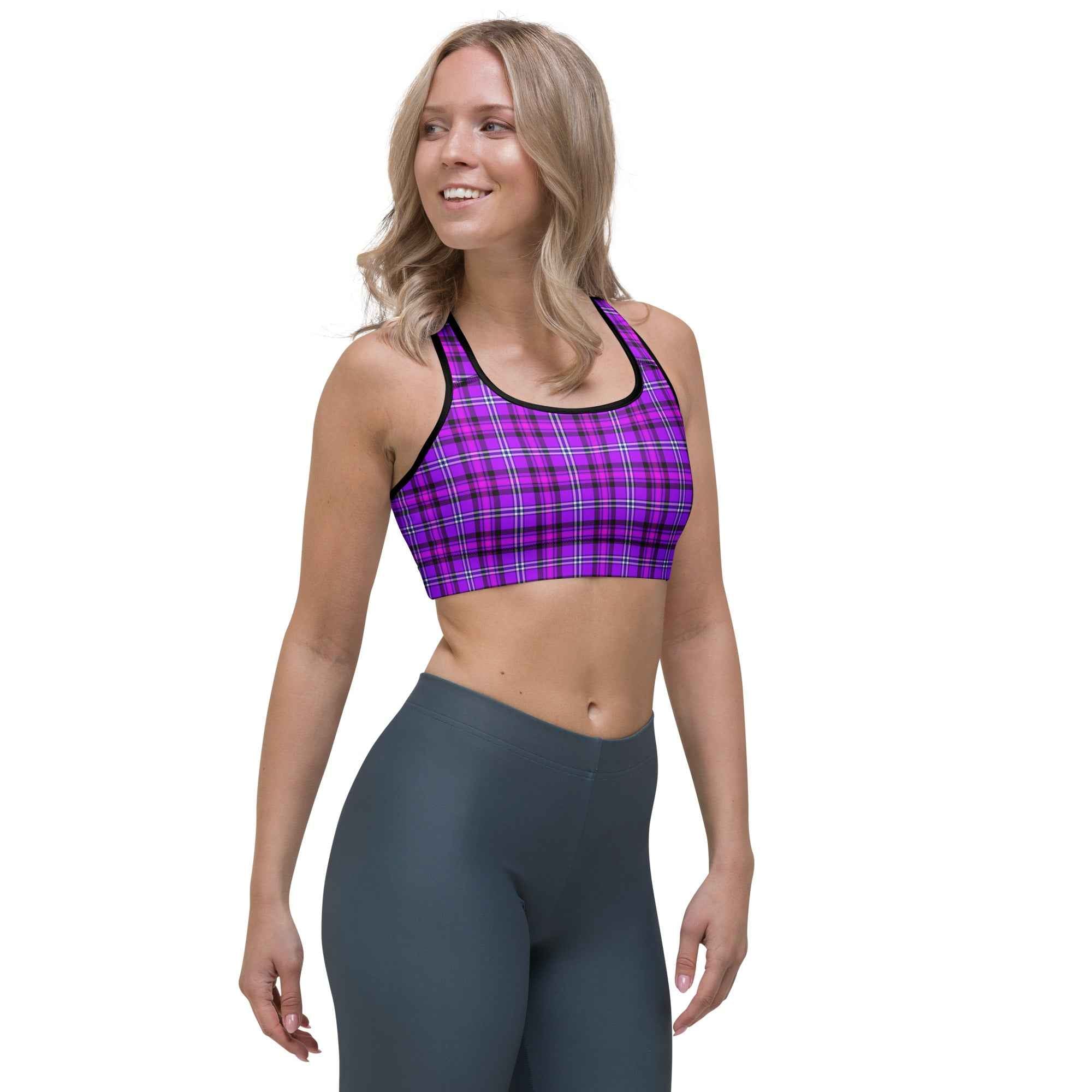 Sports Bra Electric Violet and Fuchsia Plaid - Scottish Squares
