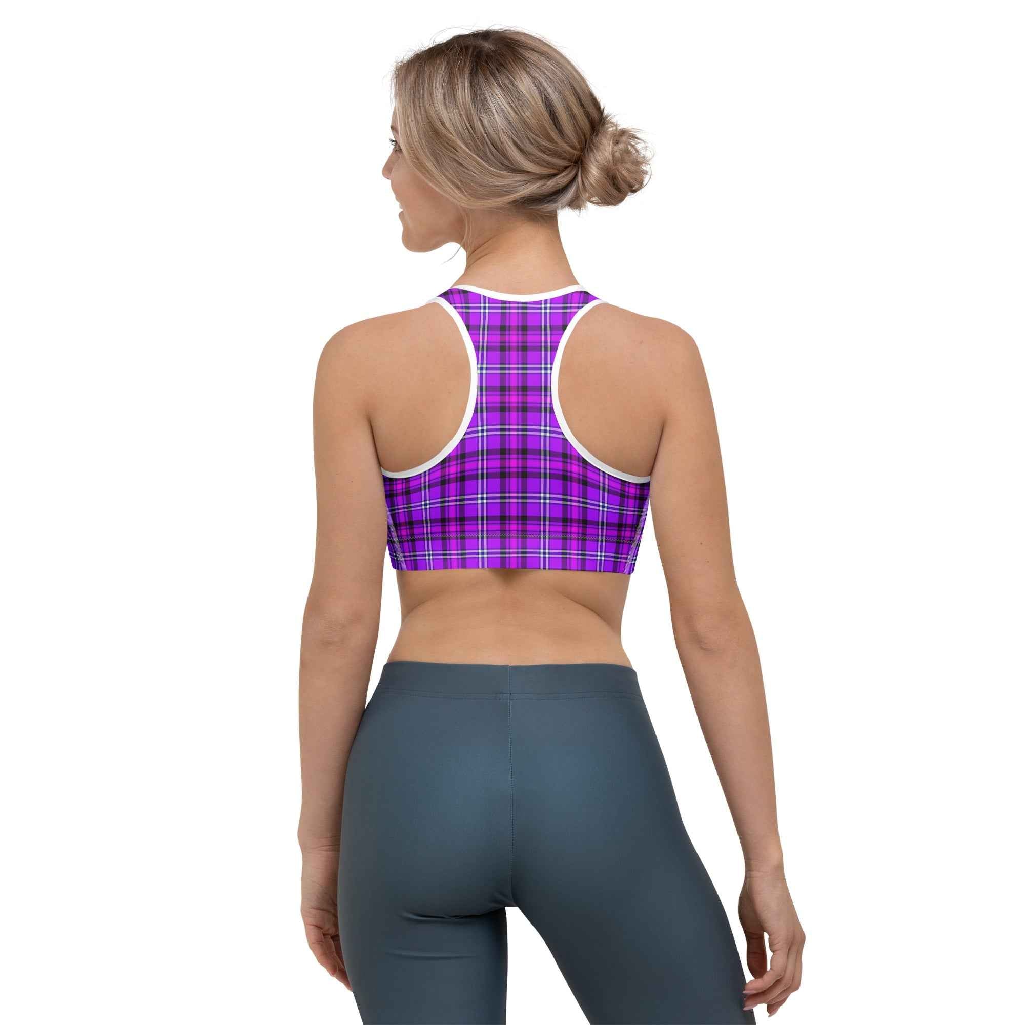 Sports Bra Electric Violet and Fuchsia Plaid - Scottish Squares