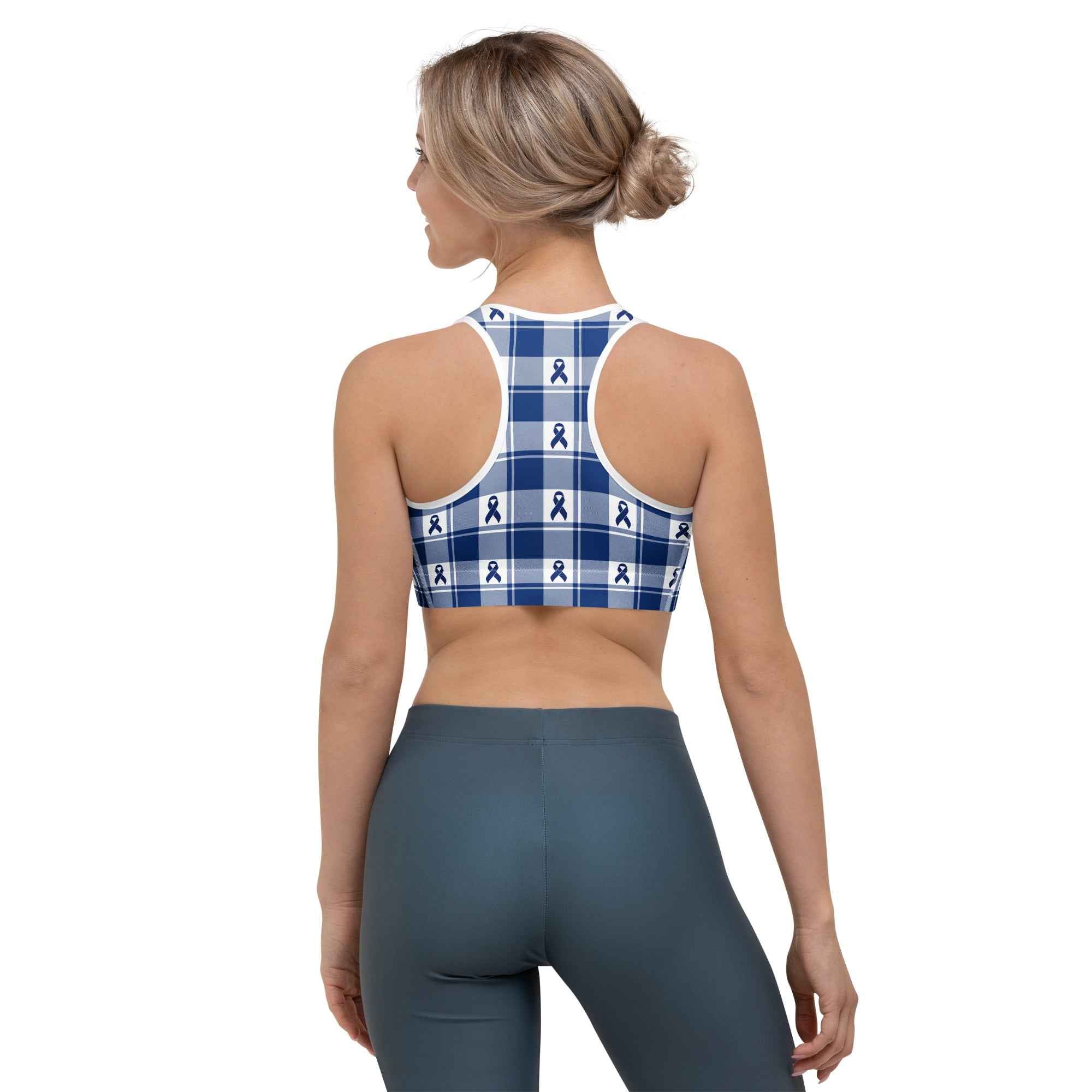 Sports Bra Colorectal Cancer Awareness Plaid, Dark Blue Ribbon, Supportive Gift - Scottish Squares