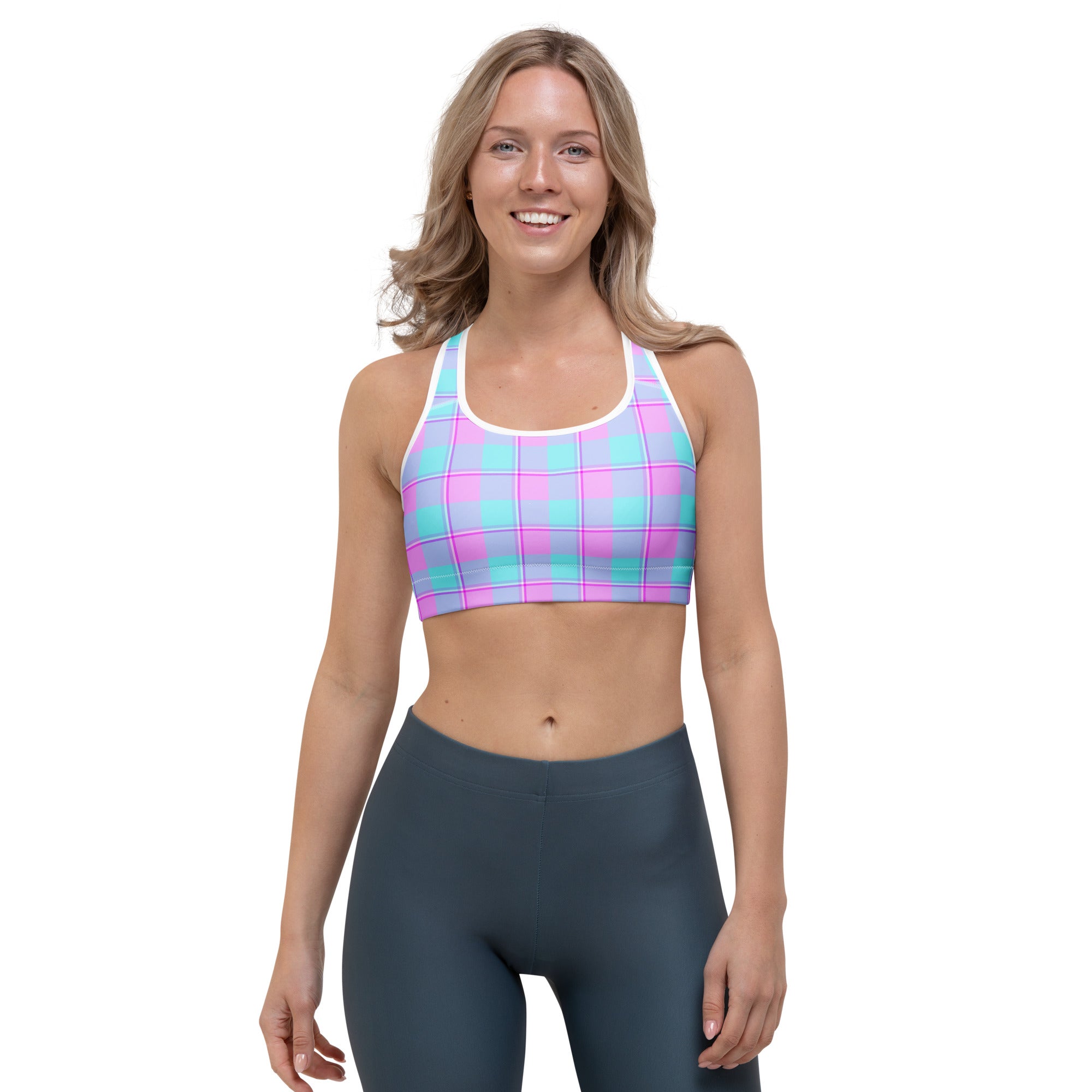 Sports Bra Mauve and Coastal Mist Plaid - Scottish Squares