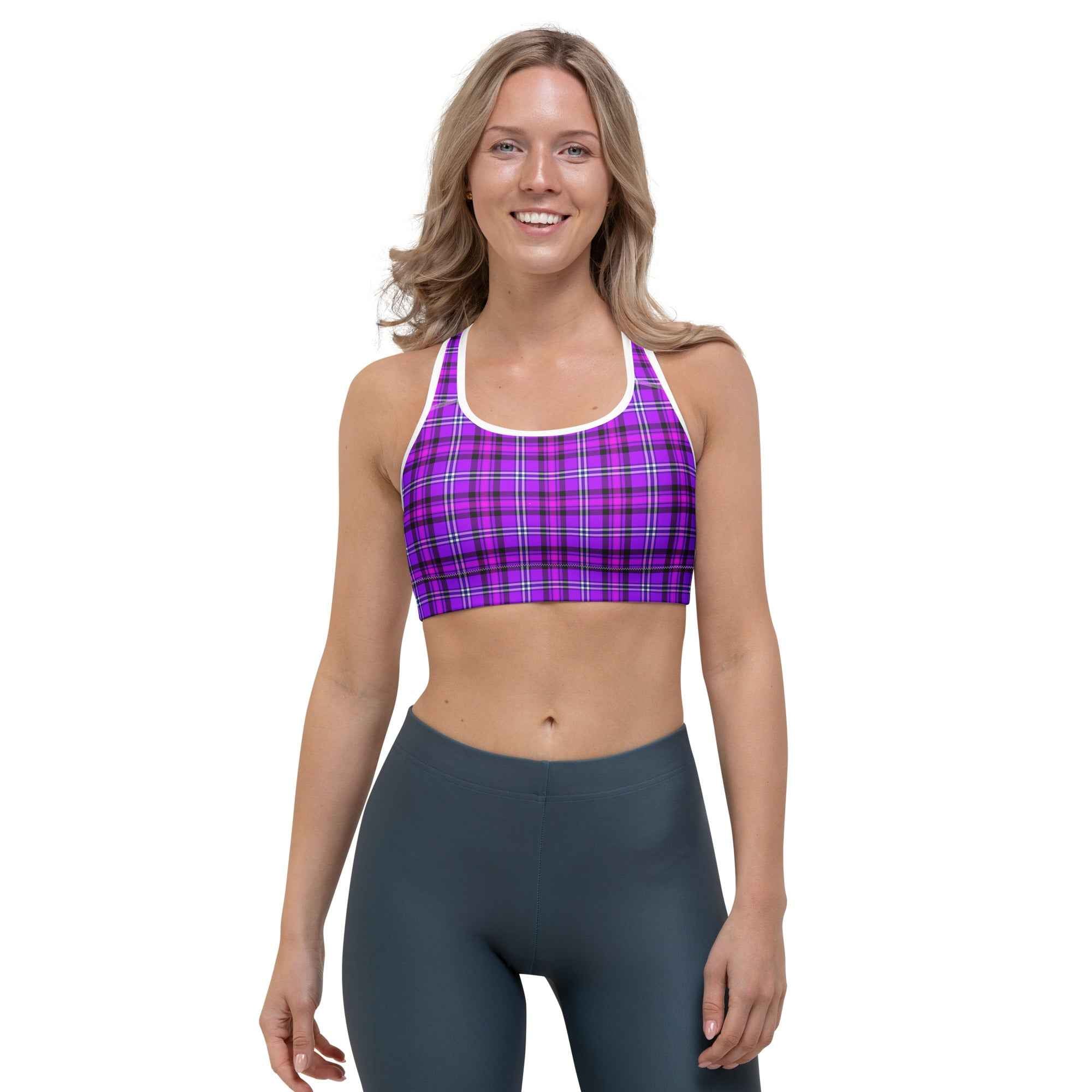 Sports Bra Electric Violet and Fuchsia Plaid White - Scottish Squares