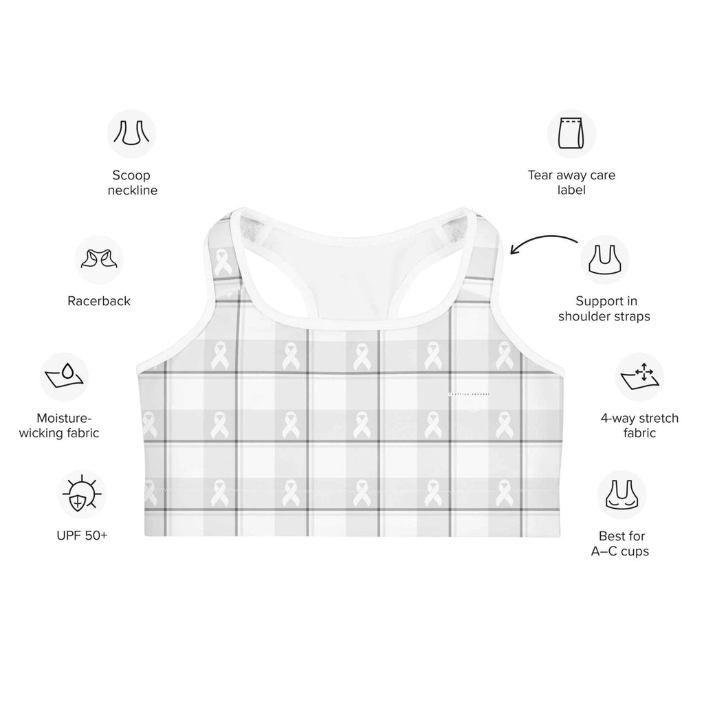Sports Bra Lung Cancer Awareness Plaid, White Ribbon, Supportive Gift - Scottish Squares