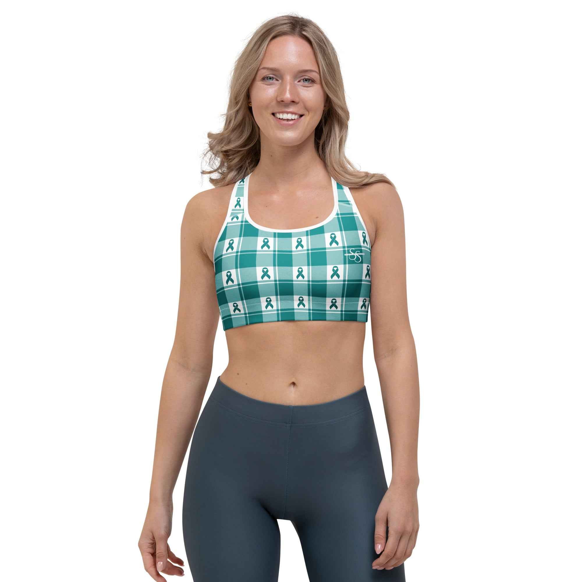Sports Bra Cervical Cancer Awareness Plaid, Teal Ribbon, Supportive Gift - Scottish Squares