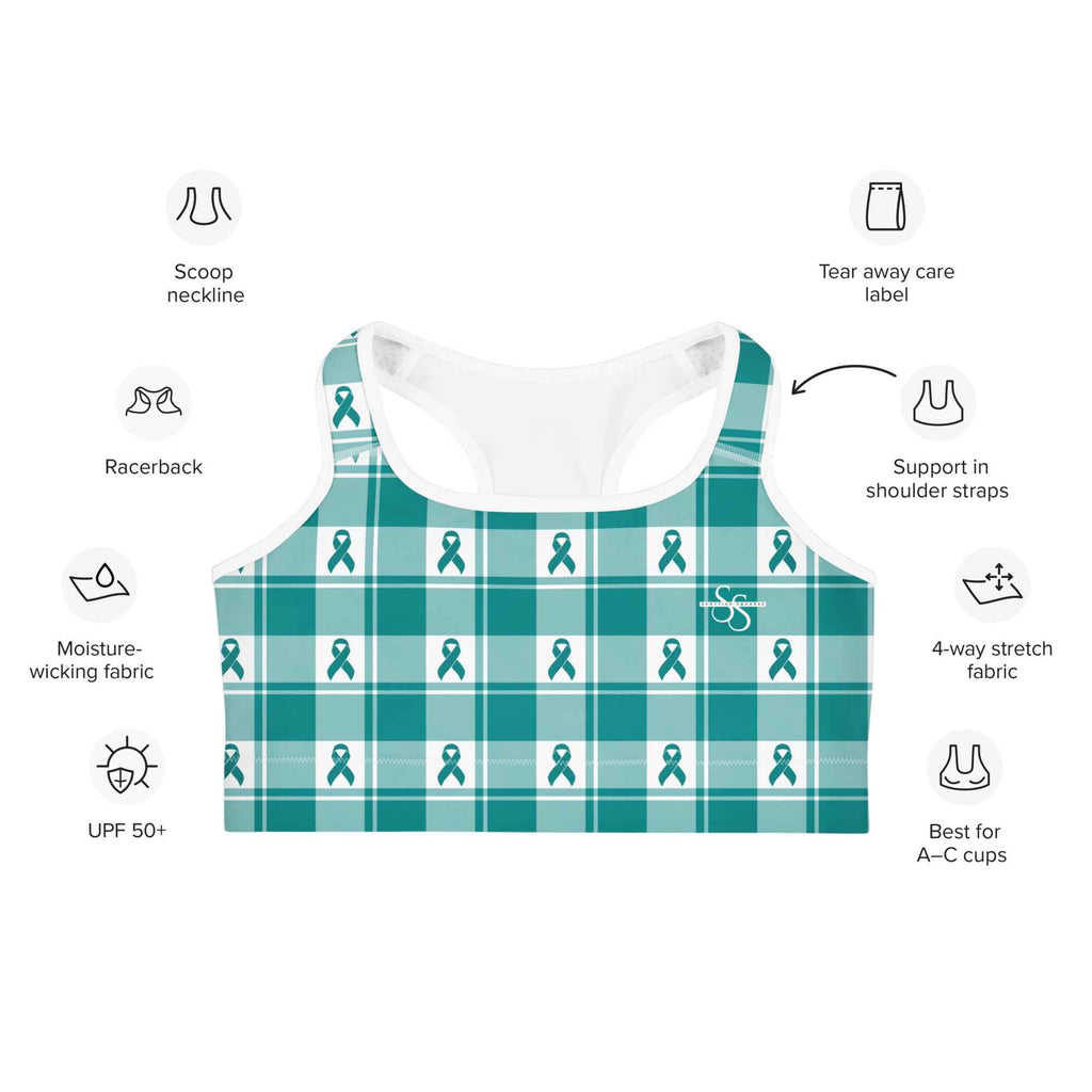 Sports Bra Cervical Cancer Awareness Plaid, Teal Ribbon, Supportive Gift - Scottish Squares