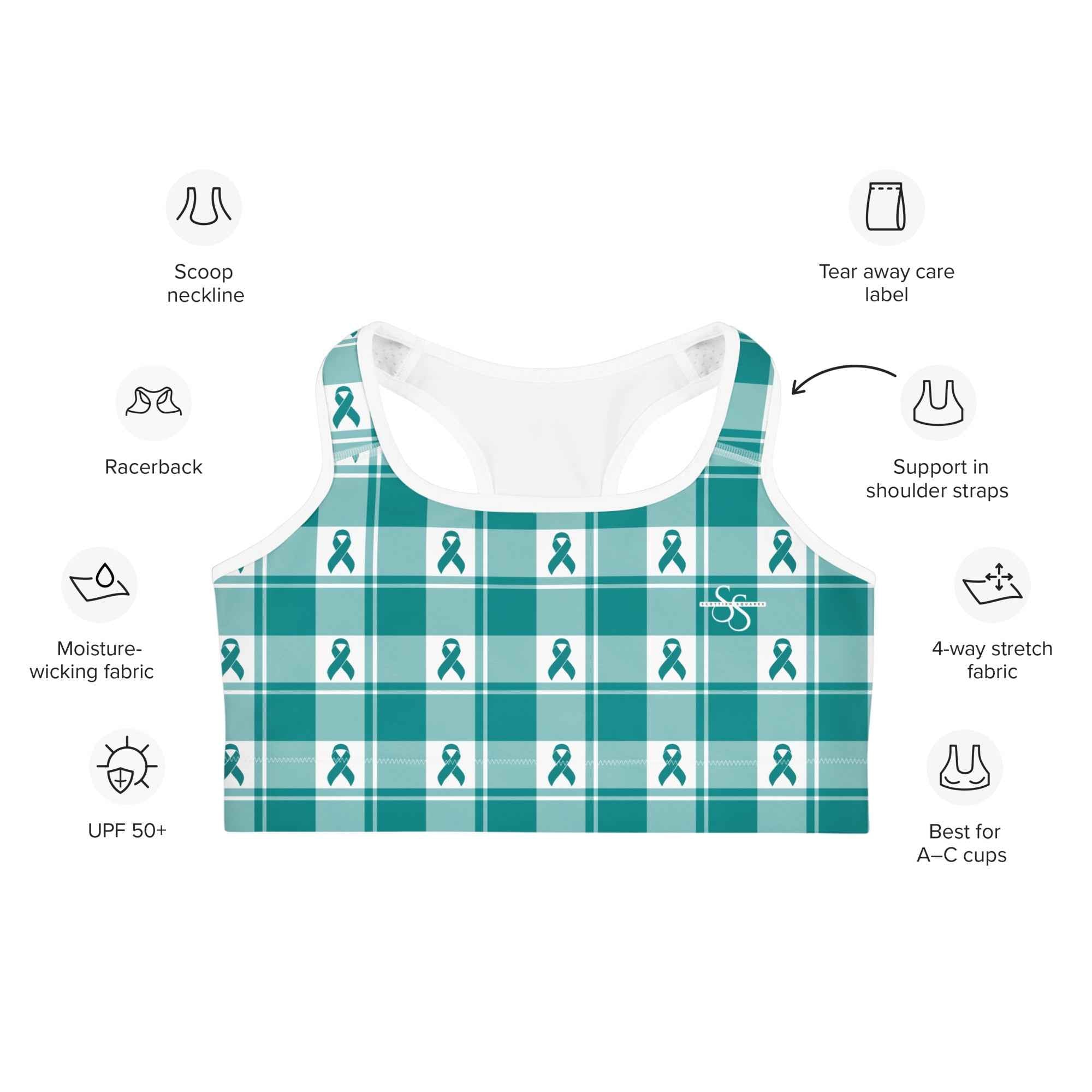 Sports Bra Cervical Cancer Awareness Plaid, Teal Ribbon, Supportive Gift - Scottish Squares
