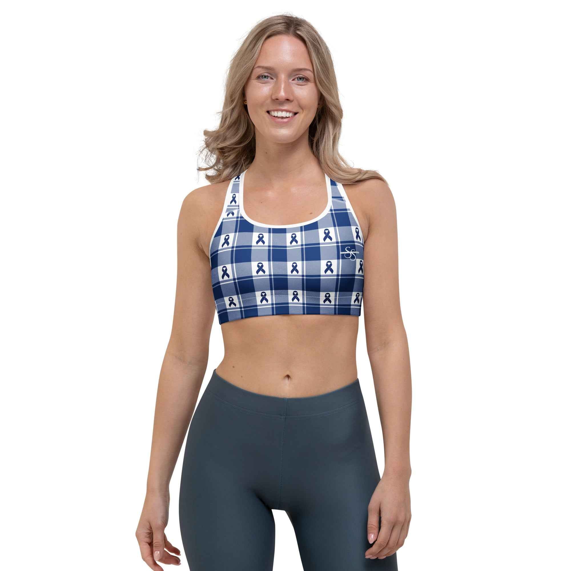 Sports Bra Colorectal Cancer Awareness Plaid, Dark Blue Ribbon, Supportive Gift - Scottish Squares