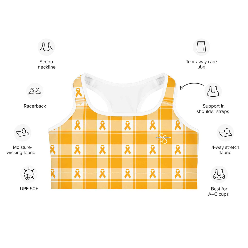 Sports Bra Kidney Cancer Awareness Plaid, Orange Ribbon, Supportive Gift - Scottish Squares