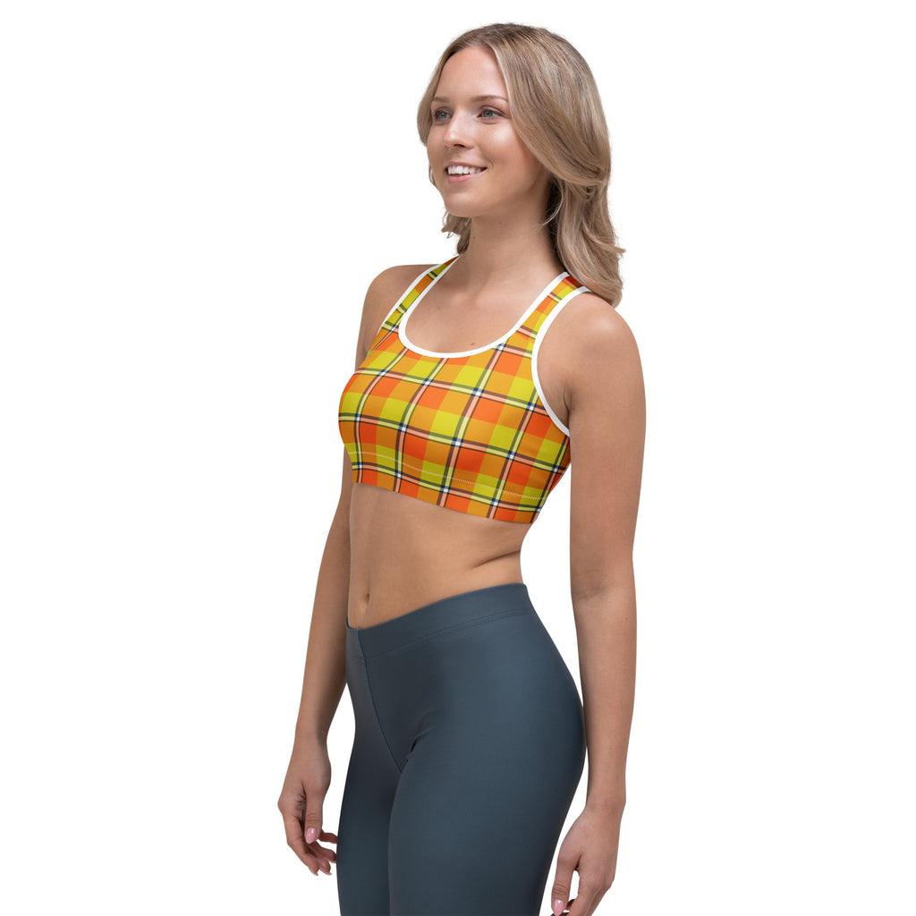 Sports Bra Blaze Orange and Bird Flower Plaid - Scottish Squares