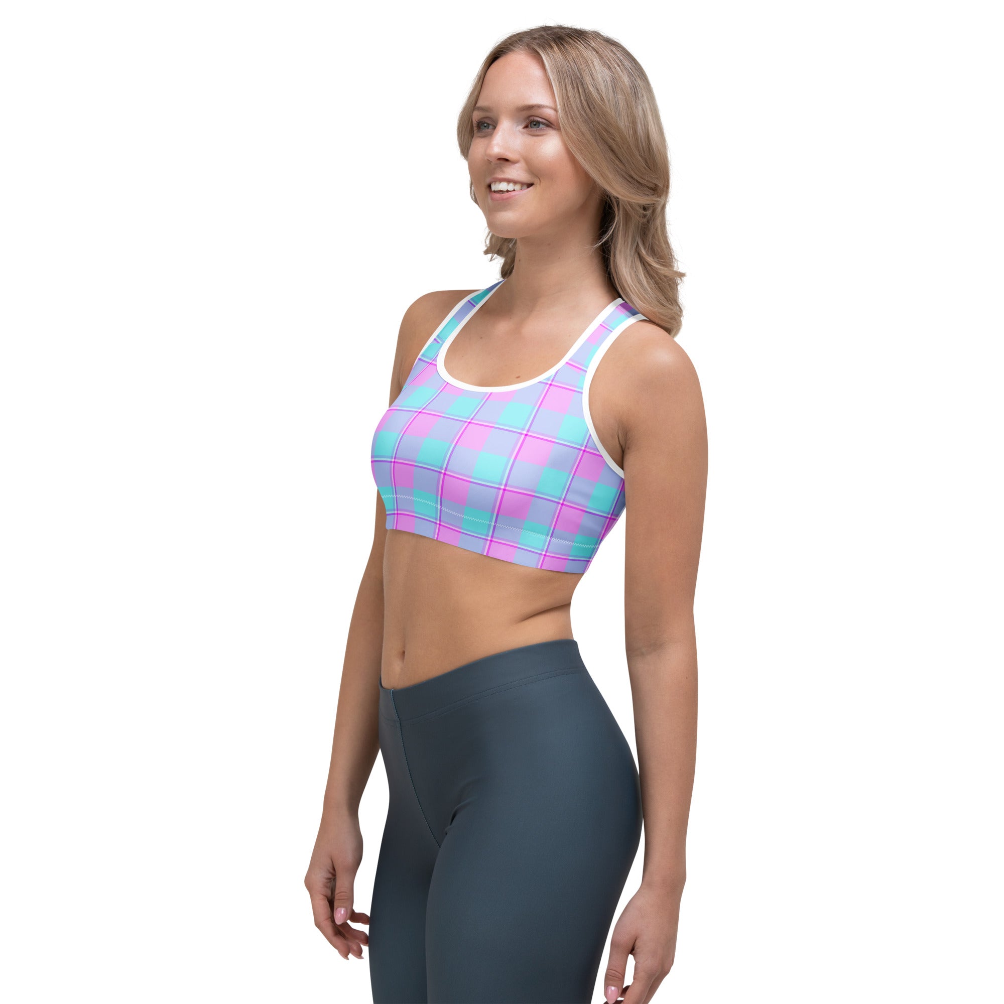 Sports Bra Mauve and Coastal Mist Plaid - Scottish Squares