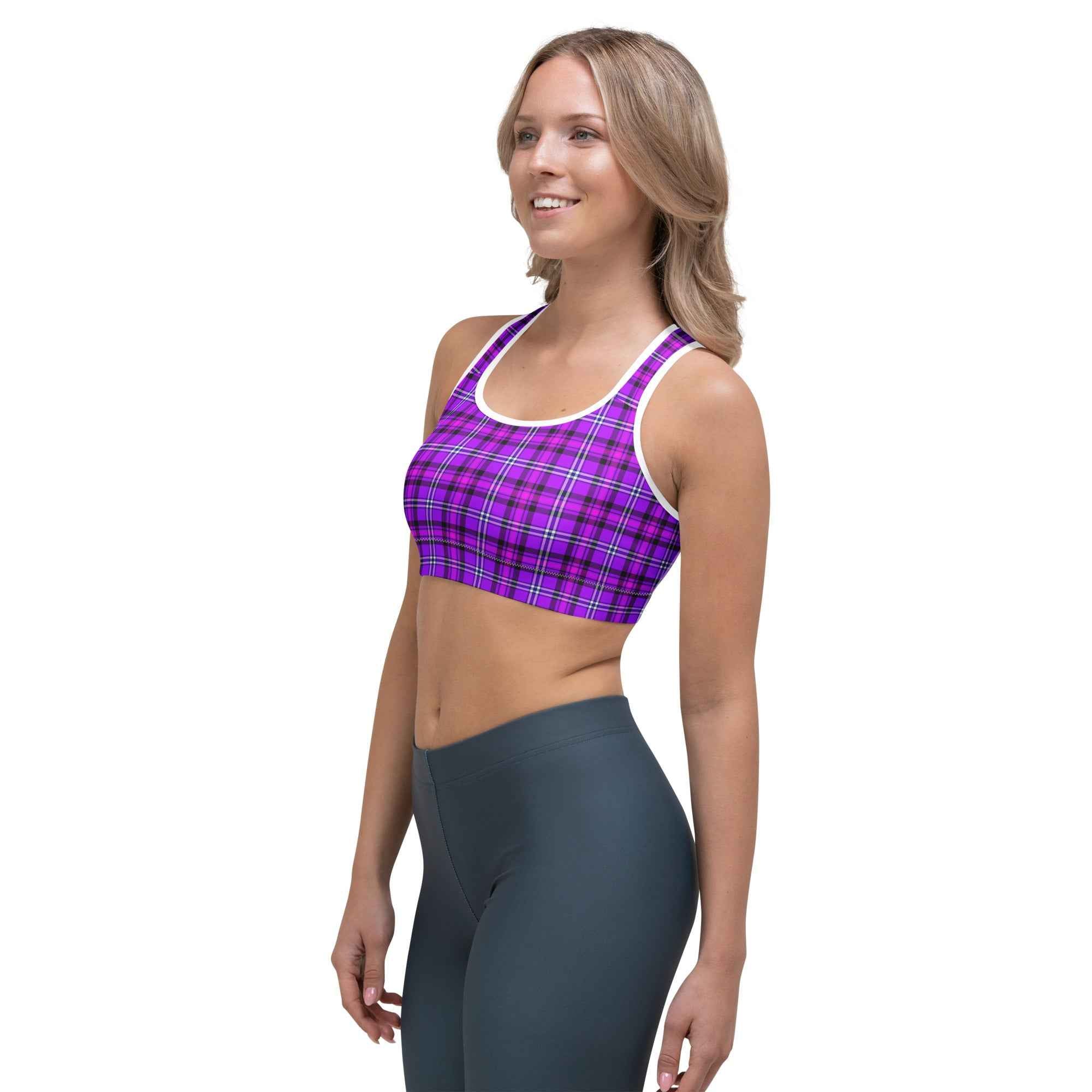 Sports Bra Electric Violet and Fuchsia Plaid - Scottish Squares