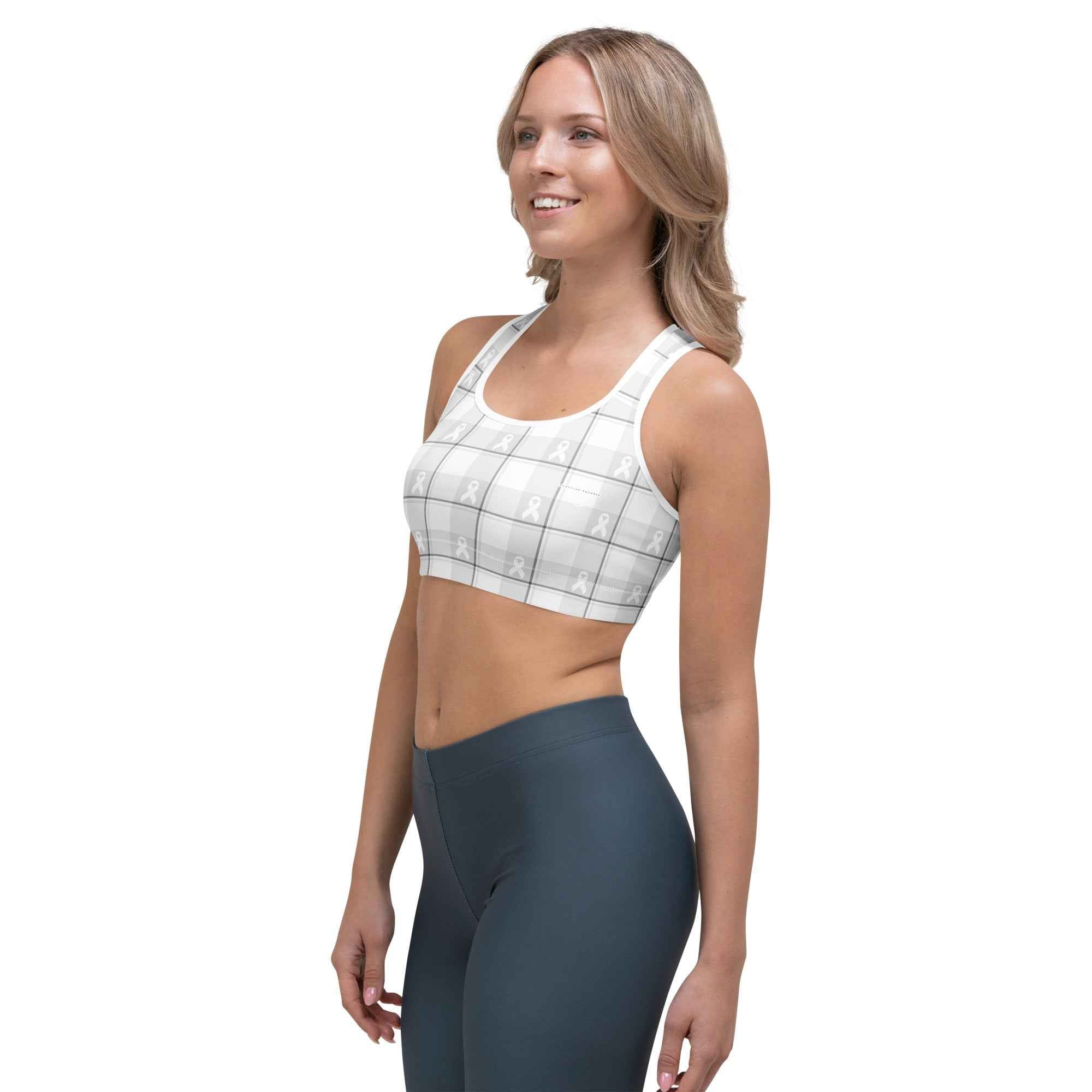 Sports Bra Lung Cancer Awareness Plaid, White Ribbon, Supportive Gift - Scottish Squares