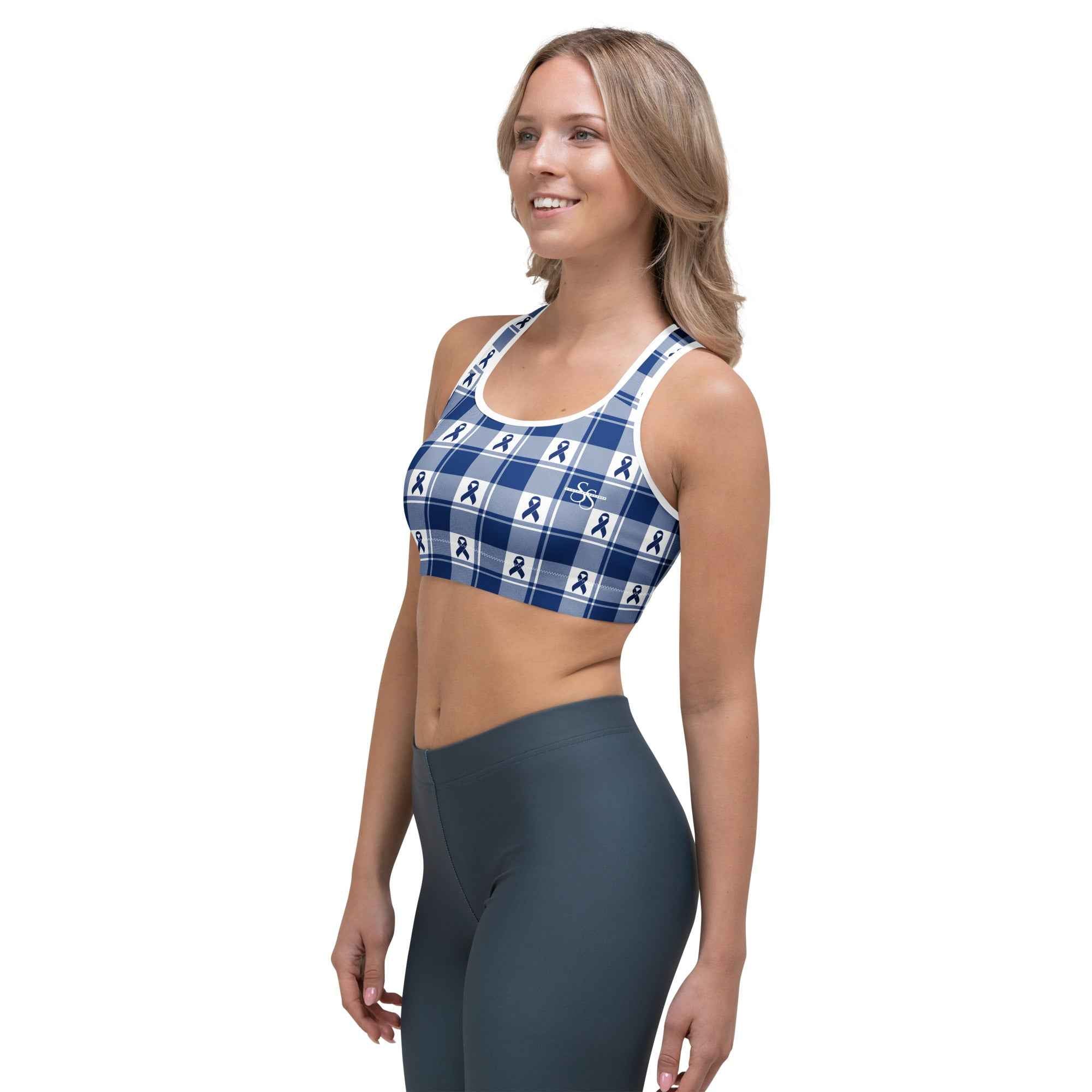 Sports Bra Colorectal Cancer Awareness Plaid, Dark Blue Ribbon, Supportive Gift - Scottish Squares