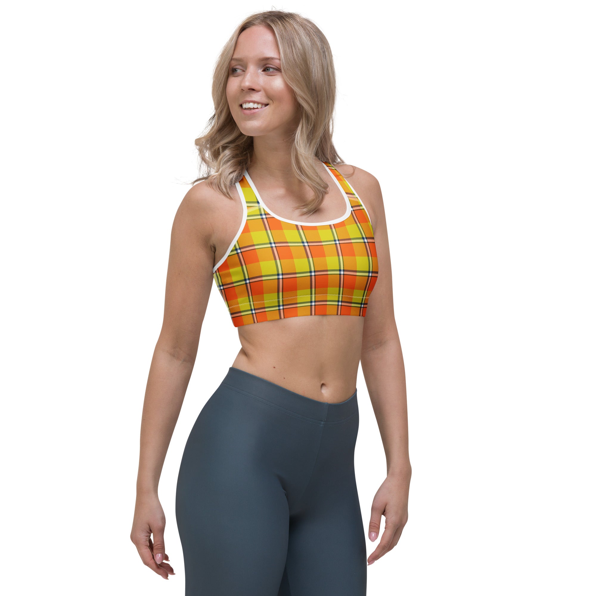 Sports Bra Blaze Orange and Bird Flower Plaid - Scottish Squares