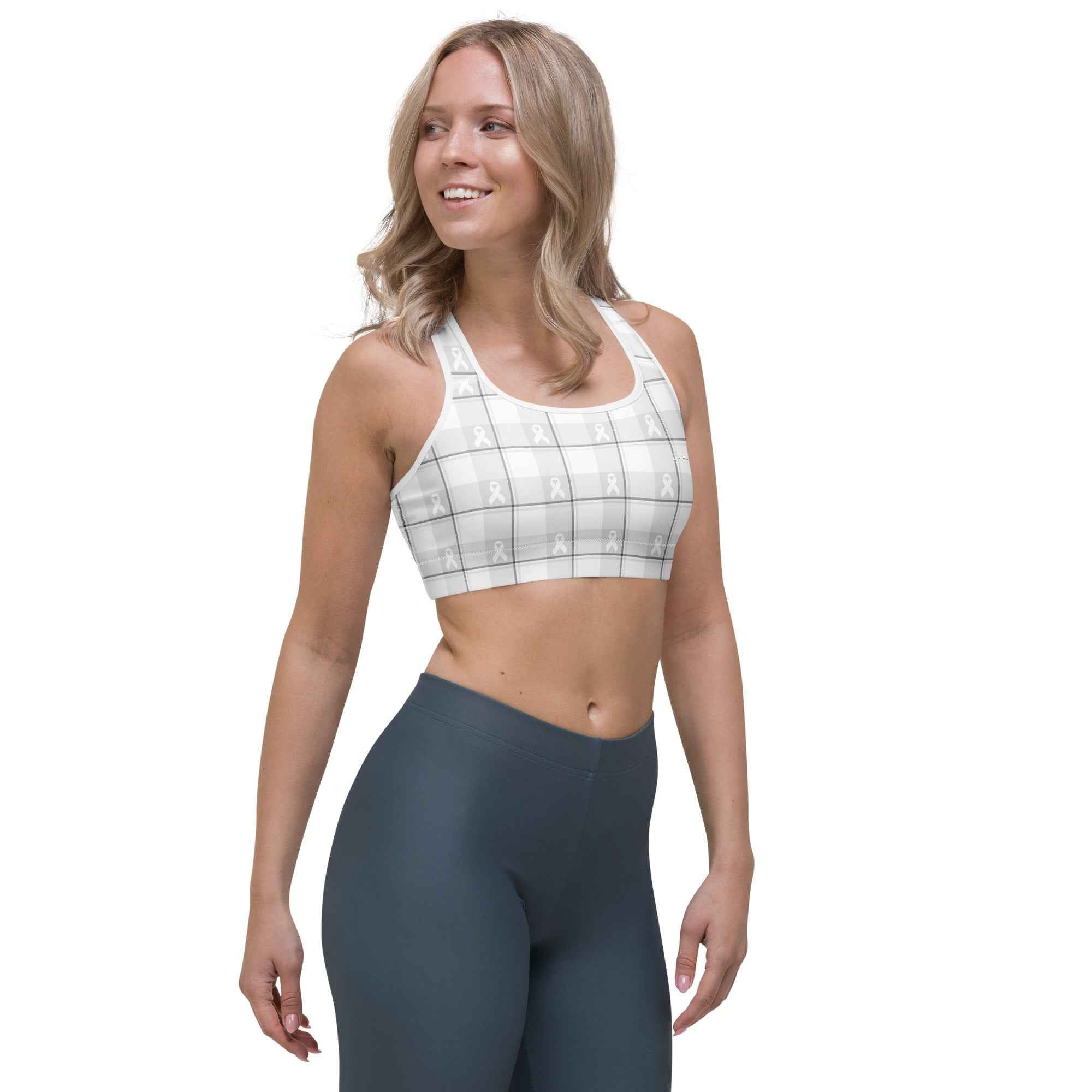 Sports Bra Lung Cancer Awareness Plaid, White Ribbon, Supportive Gift - Scottish Squares