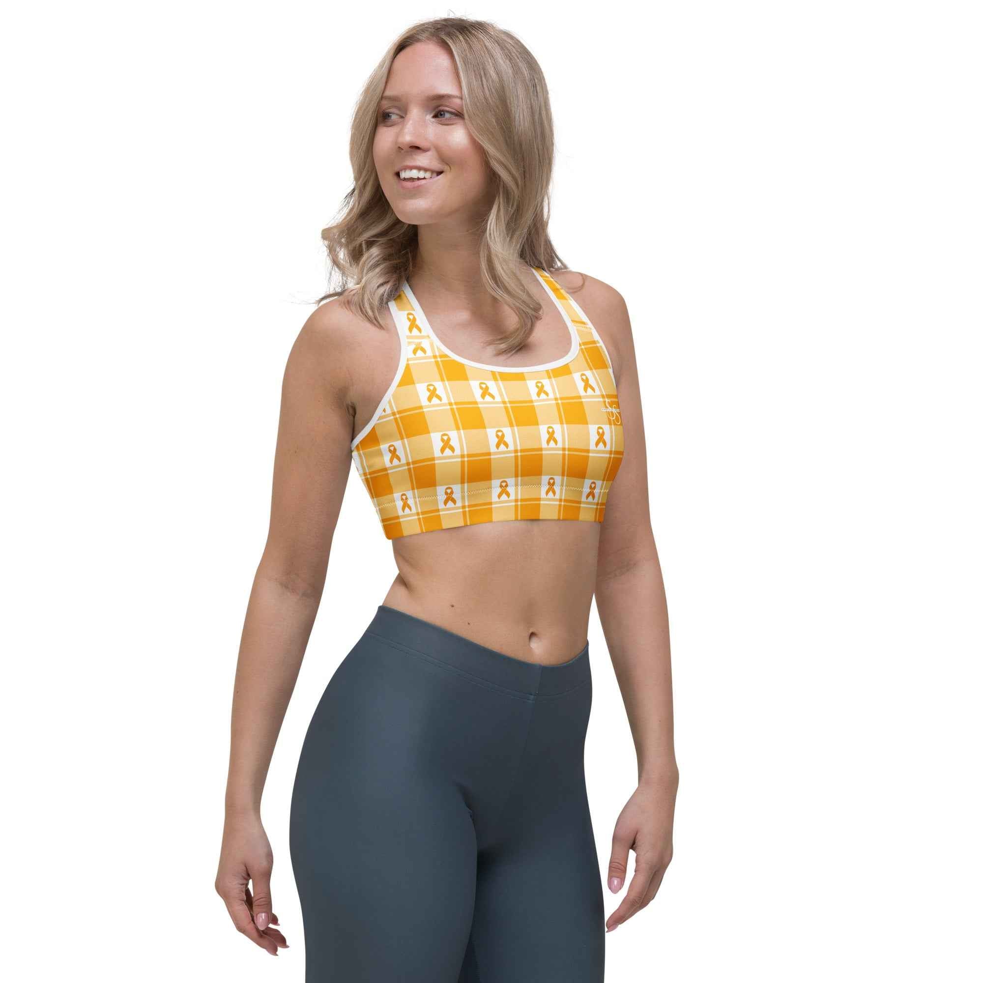Sports Bra Kidney Cancer Awareness Plaid, Orange Ribbon, Supportive Gift - Scottish Squares