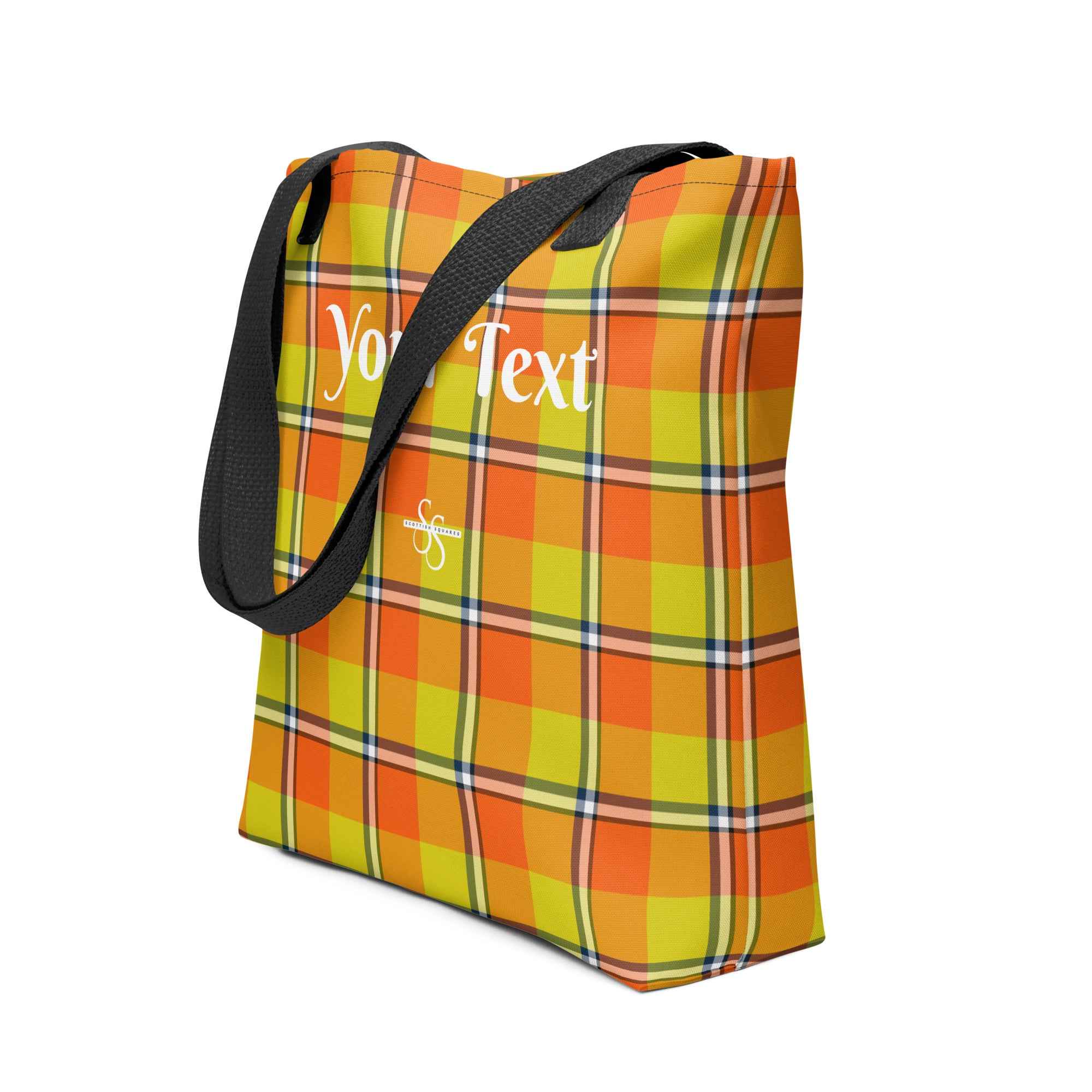 Personalized Blaze Orange and Bird Flower Plaid Tote Bag - Scottish Squares