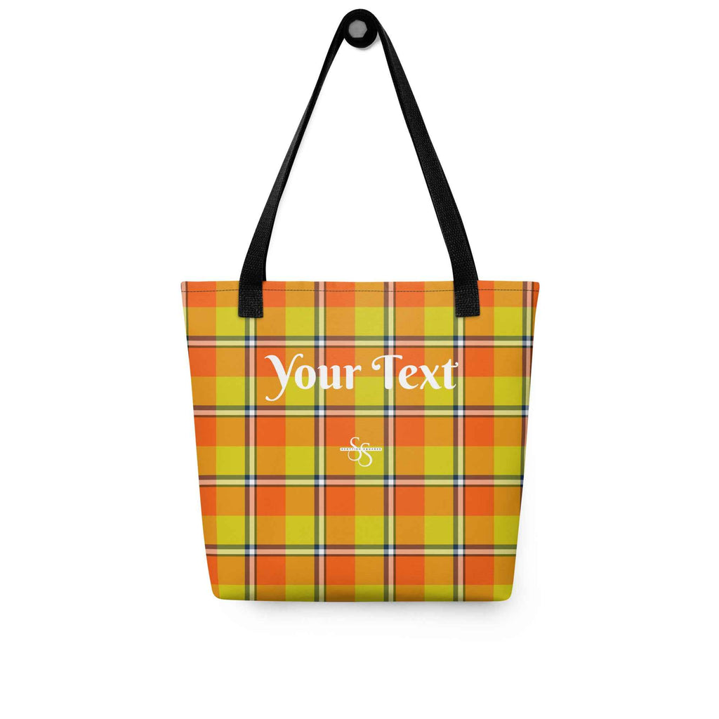 Personalized Blaze Orange and Bird Flower Plaid Tote Bag - Scottish Squares
