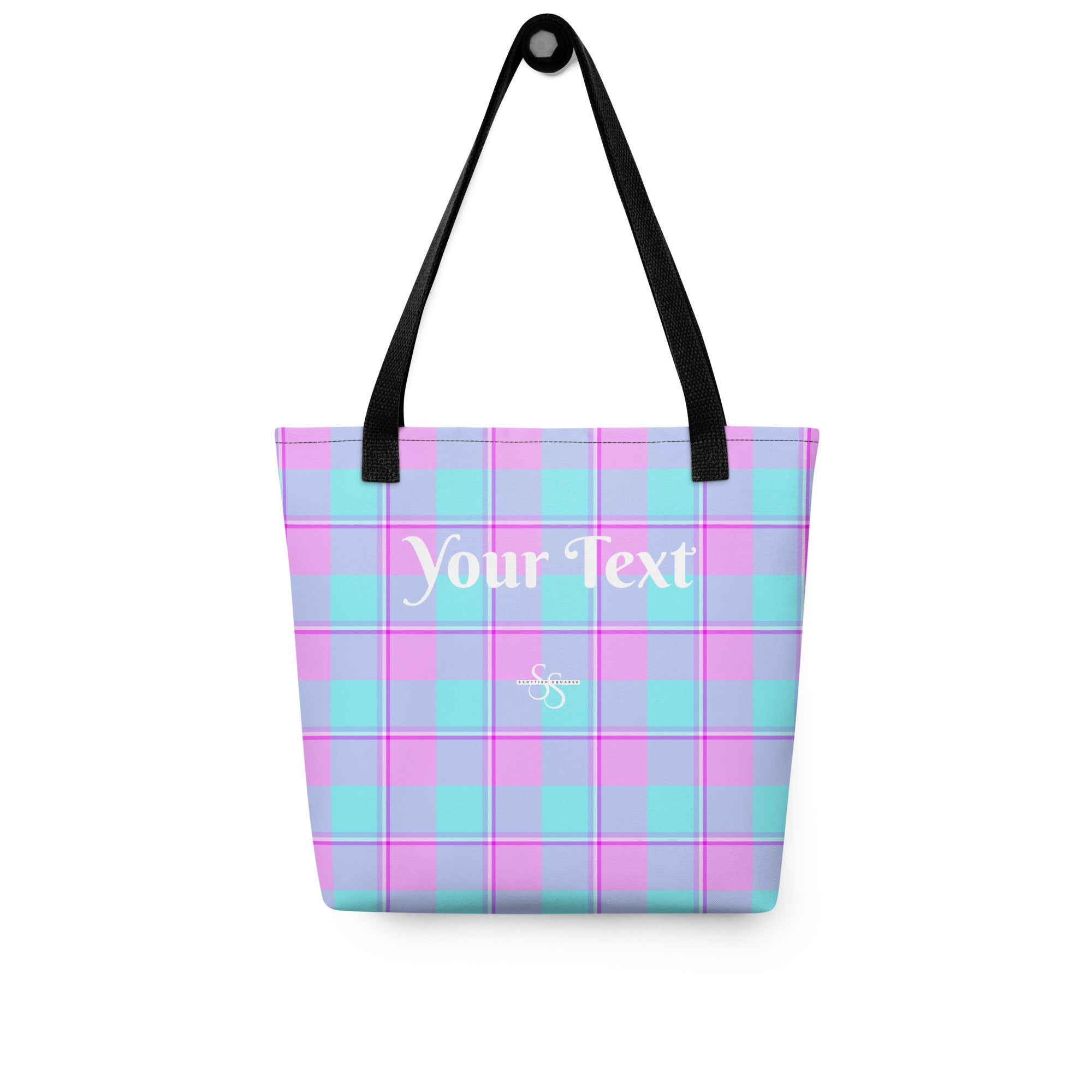 Personalized Mauve and Coastal Mist Plaid Tote Bag - Scottish Squares