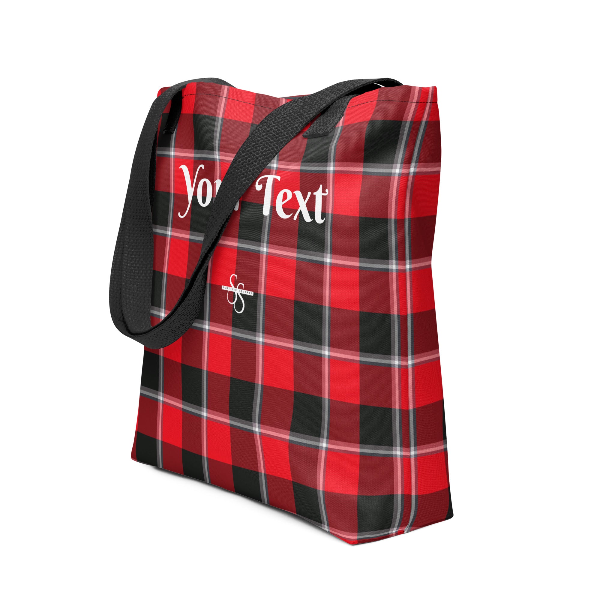 Personalized Red Ribbon and Heavy Metal Plaid Tote Bag - Scottish Squares