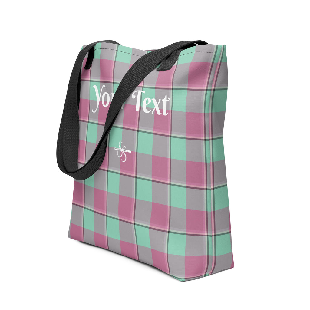Personalized Vista Blue and Turkish Rose Plaid Tote Bag - Scottish Squares