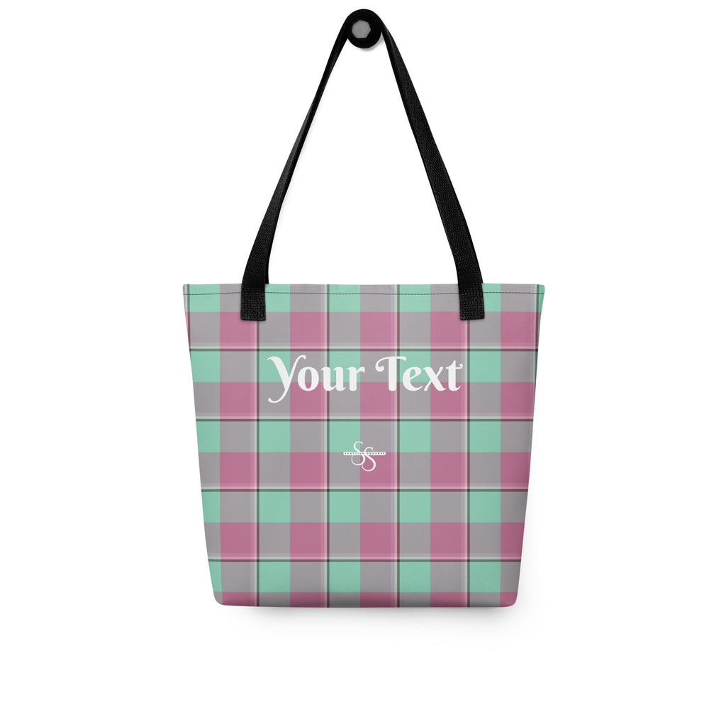 Personalized Vista Blue and Turkish Rose Plaid Tote Bag - Scottish Squares