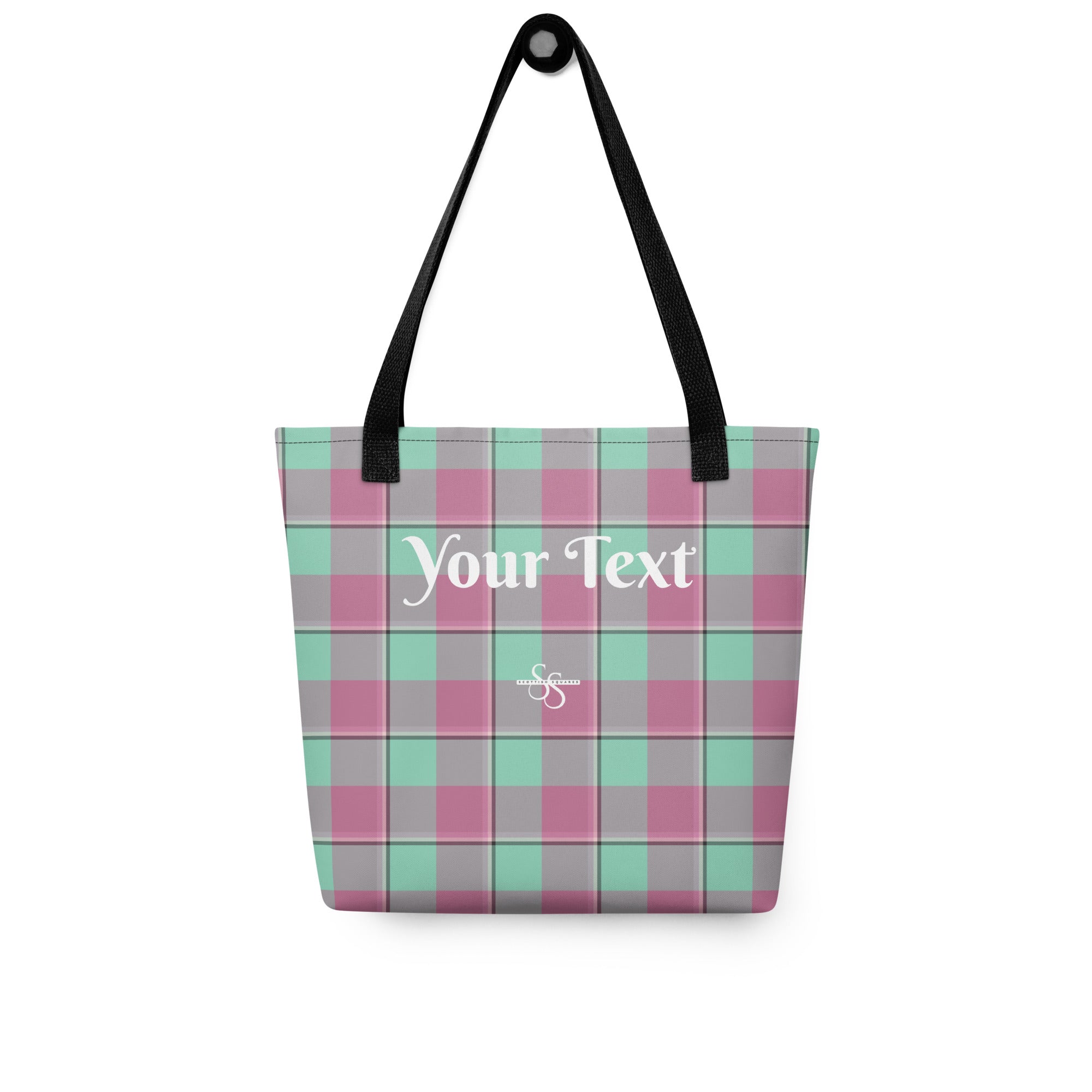 Personalized Vista Blue and Turkish Rose Plaid Tote Bag - Scottish Squares