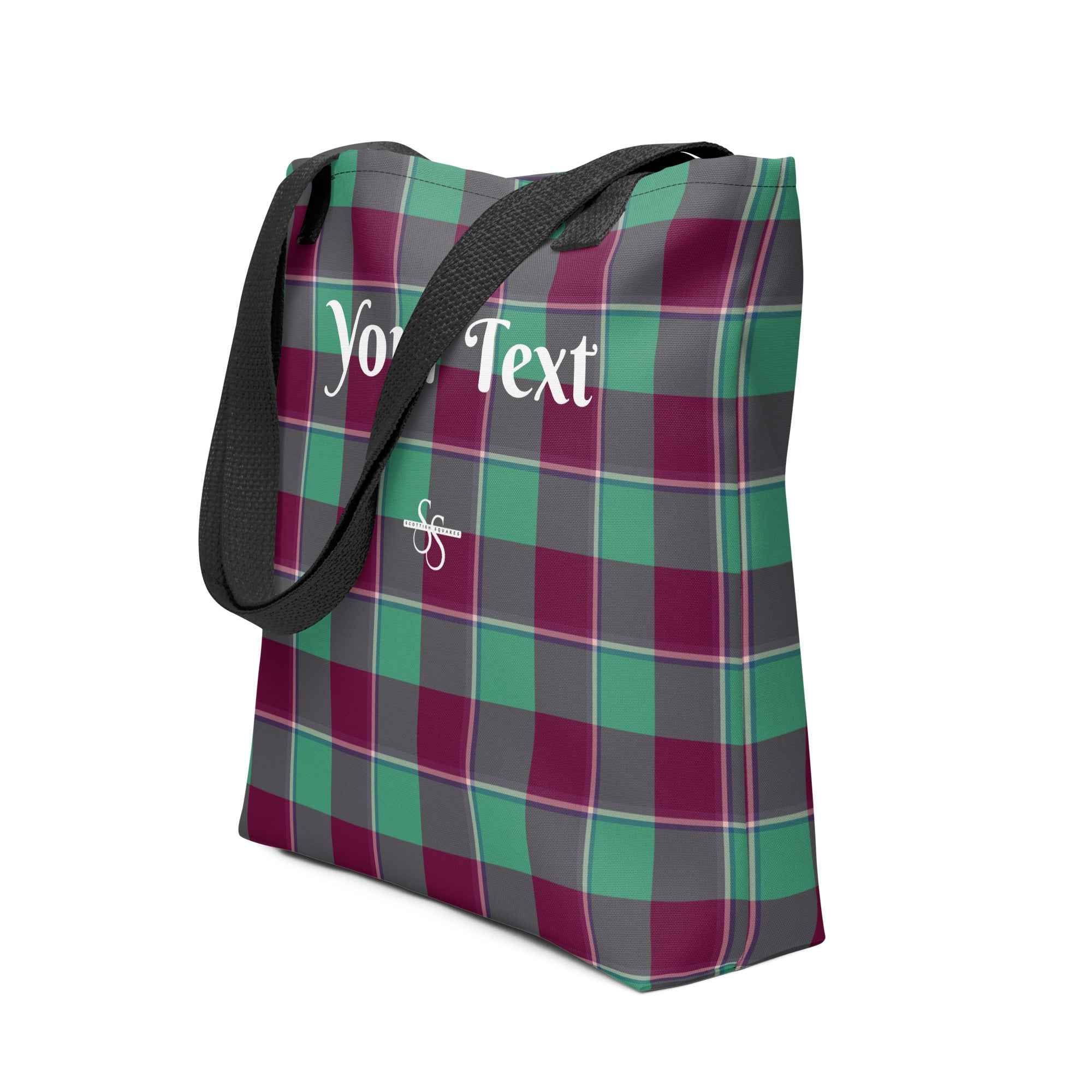 Personalized Ocean Green and Mulberry Wood Plaid Tote Bag - Scottish Squares