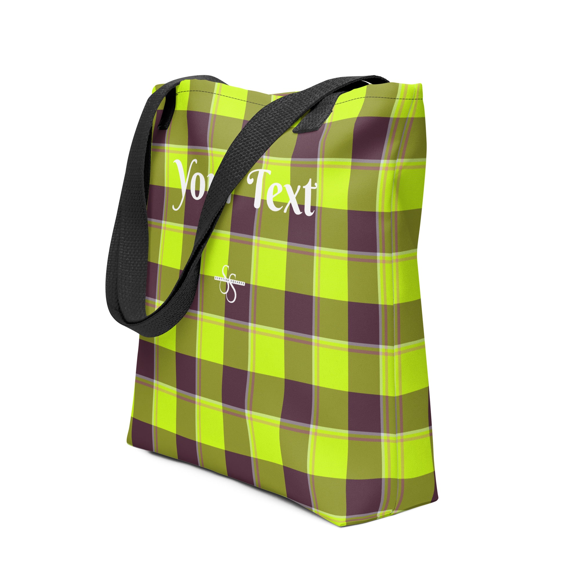 Personalized Electric Lime and Livid Brown Plaid Tote Bag - Scottish Squares
