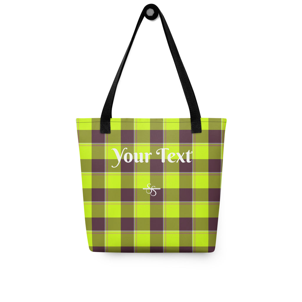 Personalized Electric Lime and Livid Brown Plaid Tote Bag - Scottish Squares
