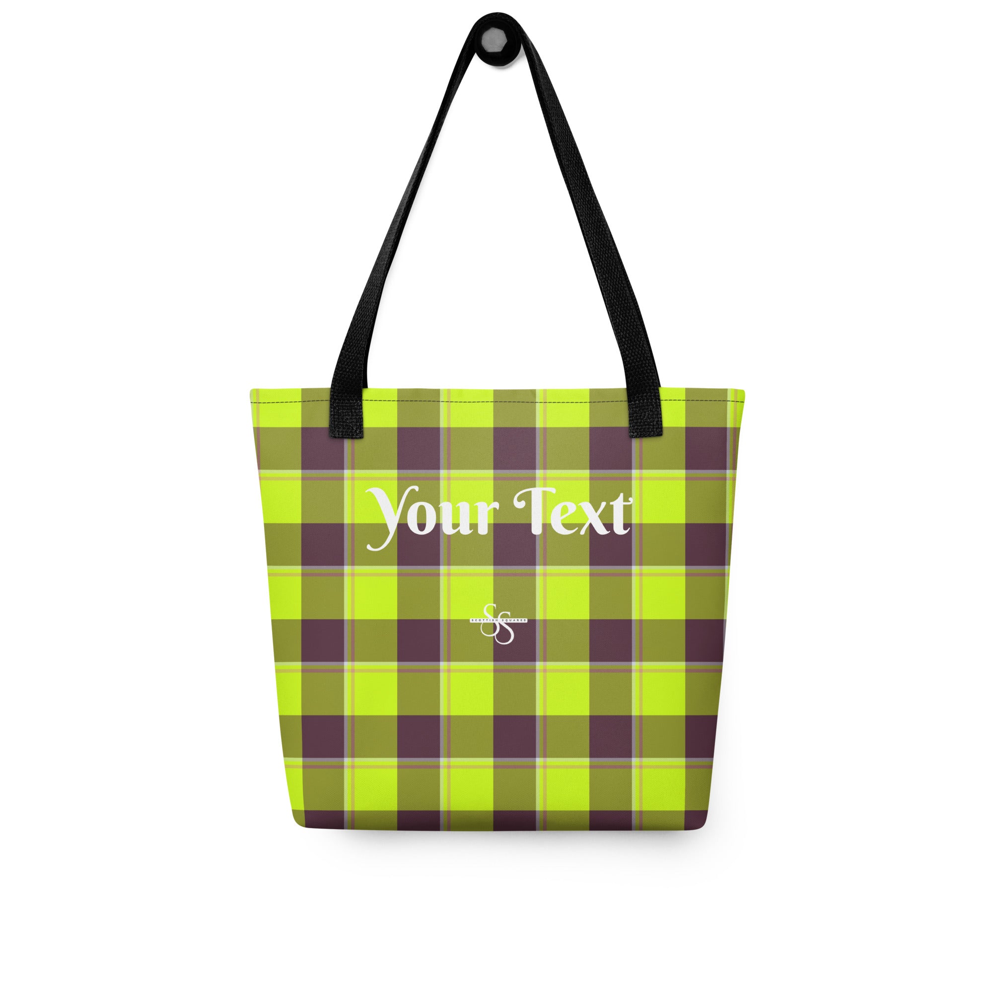 Personalized Electric Lime and Livid Brown Plaid Tote Bag - Scottish Squares