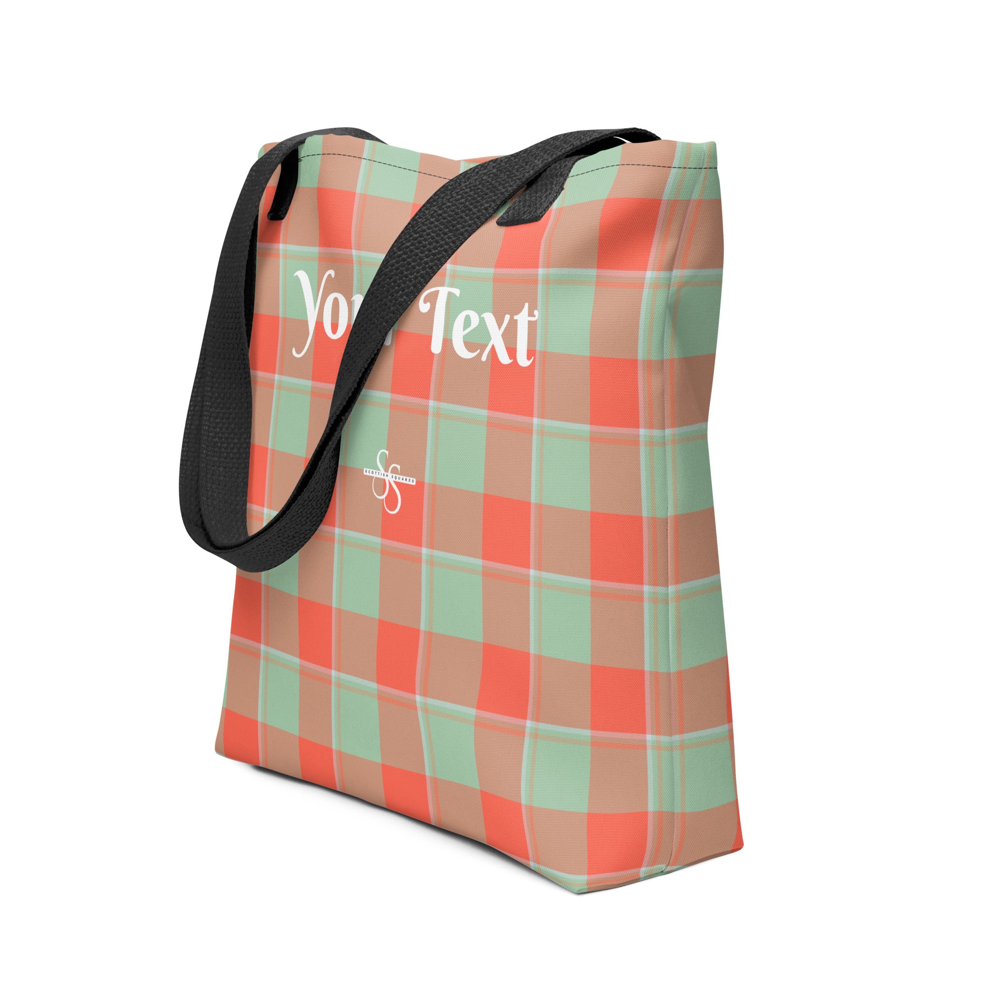 Personalized Spring Rain and Persimmon Plaid Tote Bag - Scottish Squares